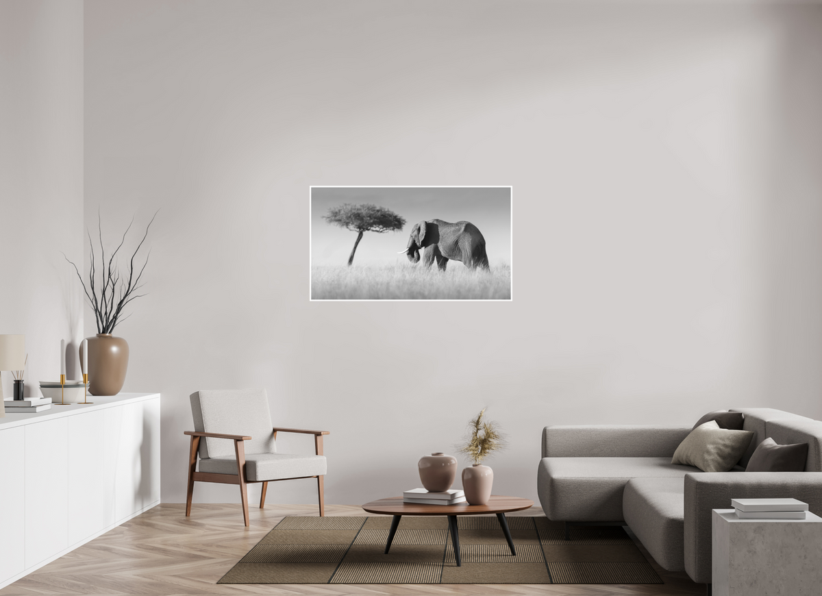 128 x 72 cm, Unframed Fine Art Giclée print on Hahnemühle Photo Rag paper with 1cm border Elephant and Tree