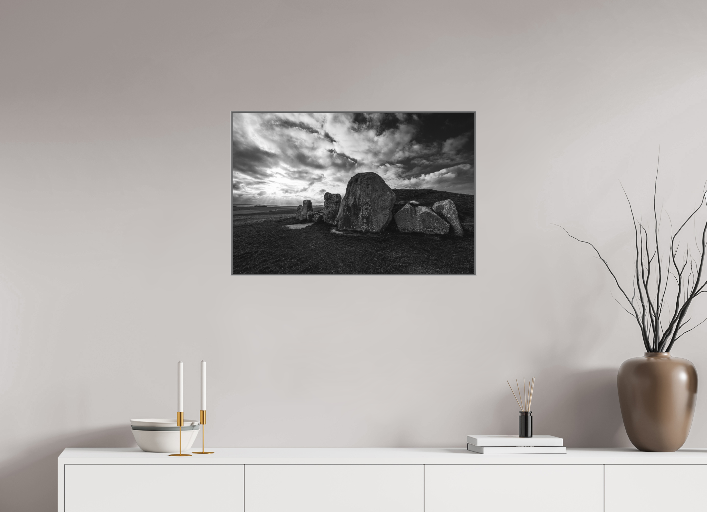75 x 50 cm, Framed in Aluminium Art Box Printed on Ilford BW Photo Print under Acrylic Glass - w-out border West Kennet Long Barrow