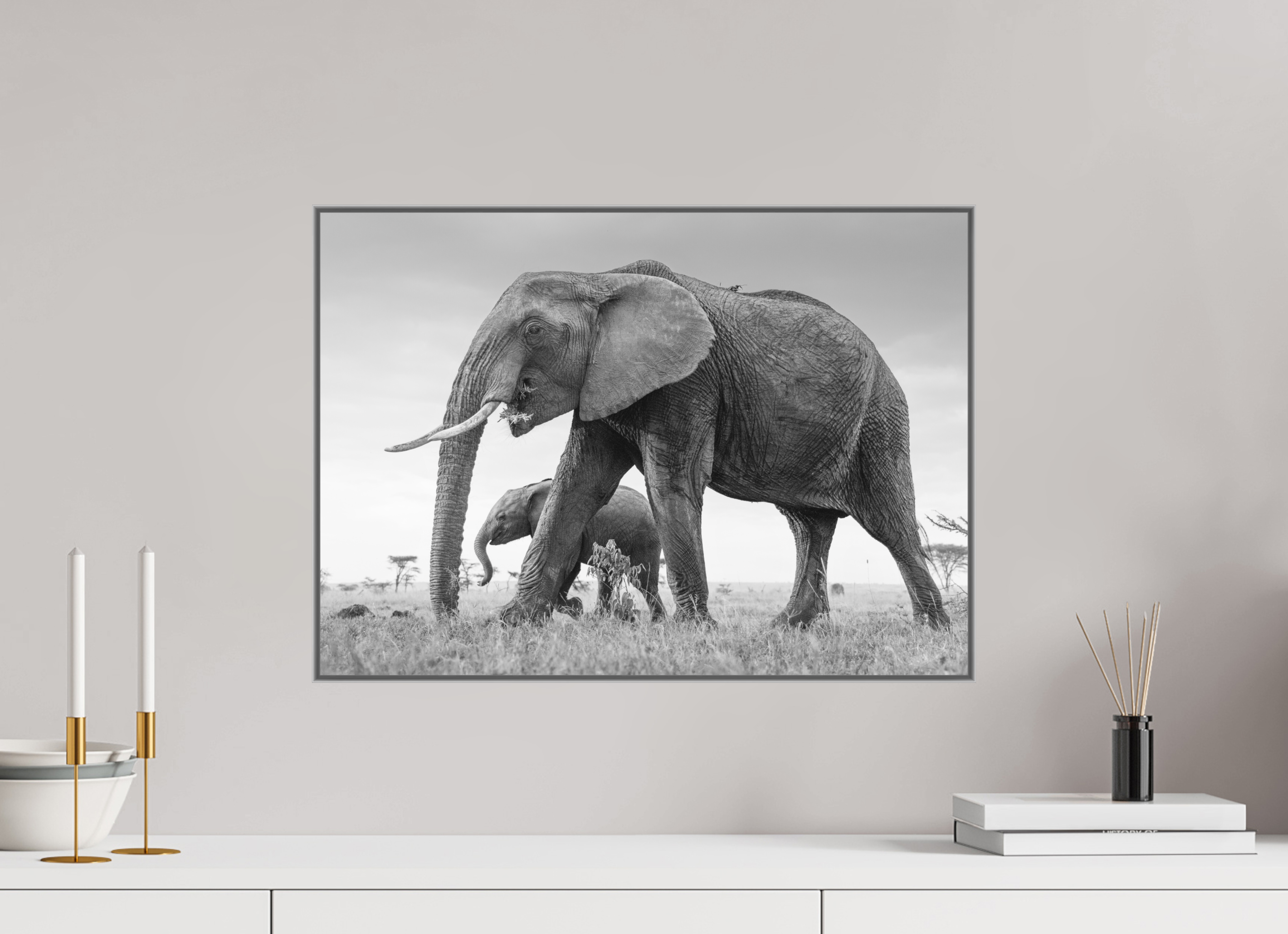 56 x 40 cm, Framed in Aluminium Art Box Printed on Ilford BW Photo Print under Acrylic Glass - w-out border Elephant and Baby III