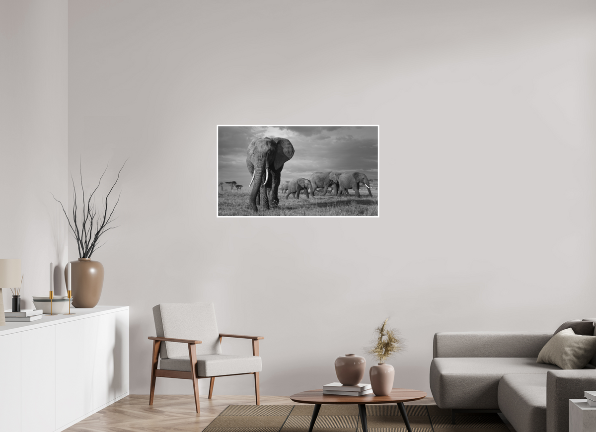 112 x 63 cm, Unframed Fine Art Giclée print on Hahnemühle Photo Rag paper with 1cm border Elephant and family - Black & White