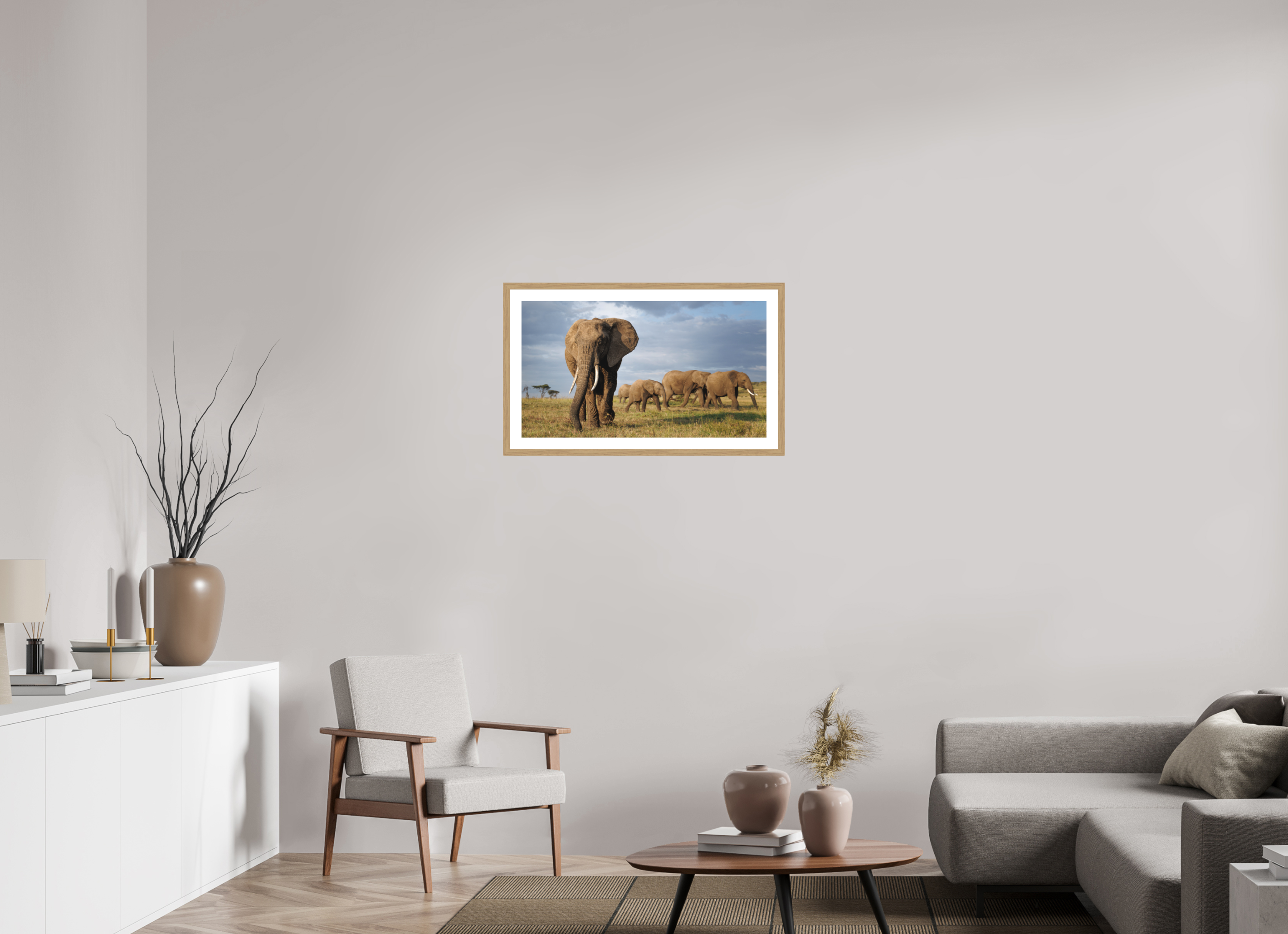 80 x 45 cm, Natural Oak colour frame Fine Art print on Hahnemühle paper with 3cm Passe-Partout w Museum glass Elephant and Family