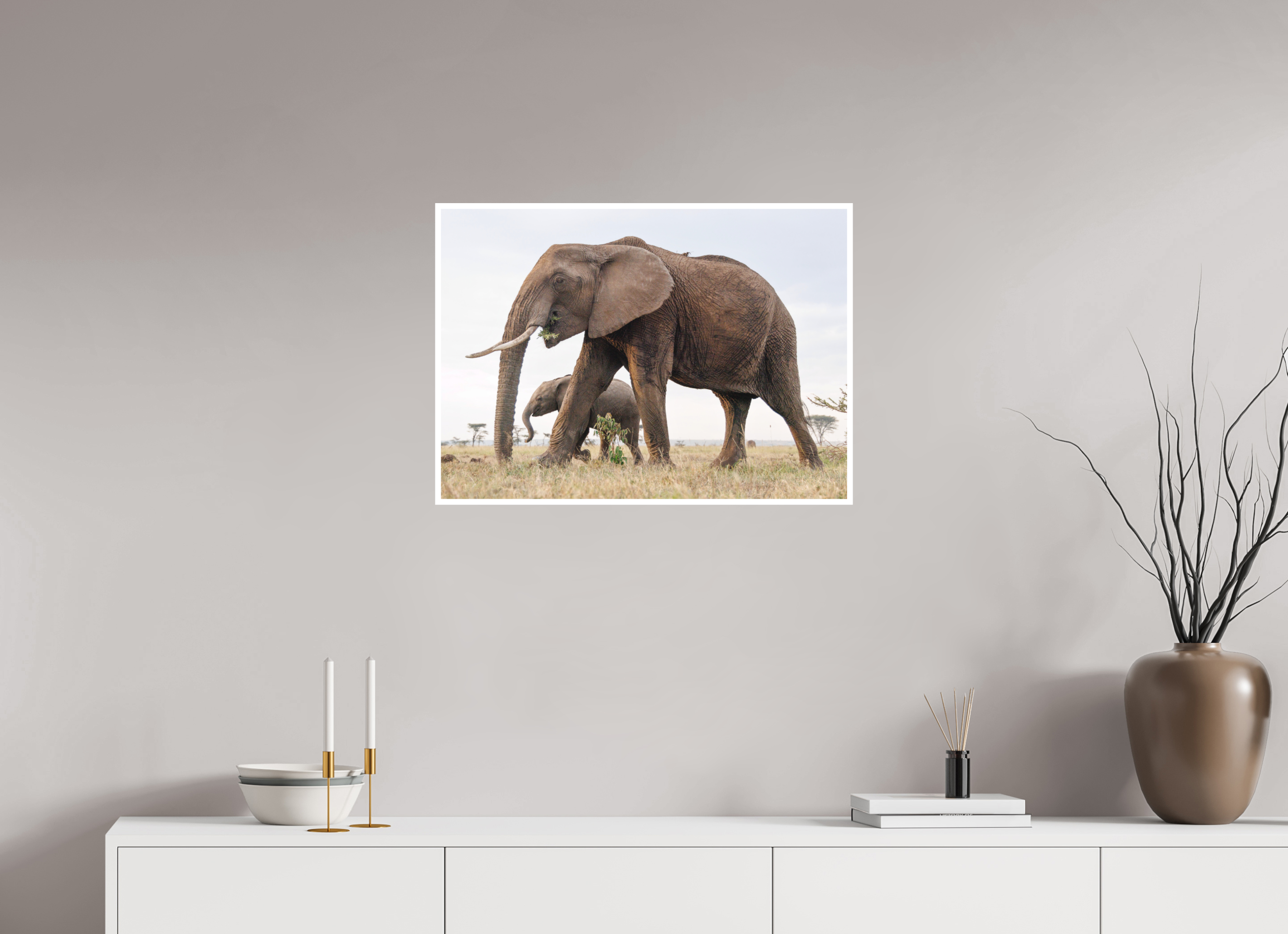 70 x 50 cm, Unframed Fine Art Giclée print on Hahnemühle Photo Rag paper with 1cm border Elephant and Baby
