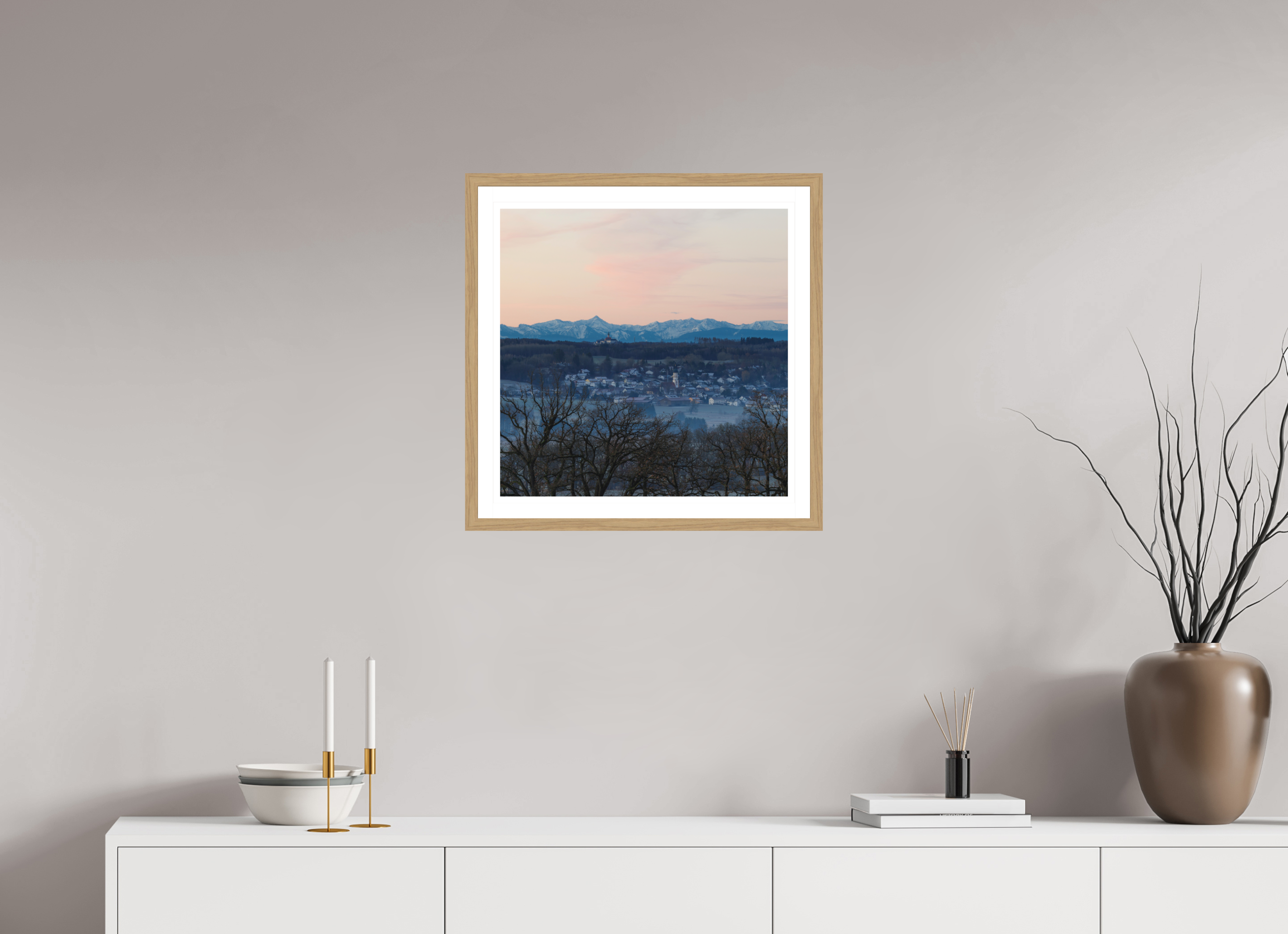 50 x 50 cm, Natural Oak colour frame Fine Art print on Hahnemühle paper with 3cm Passe-Partout w Museum glass Seefeld I