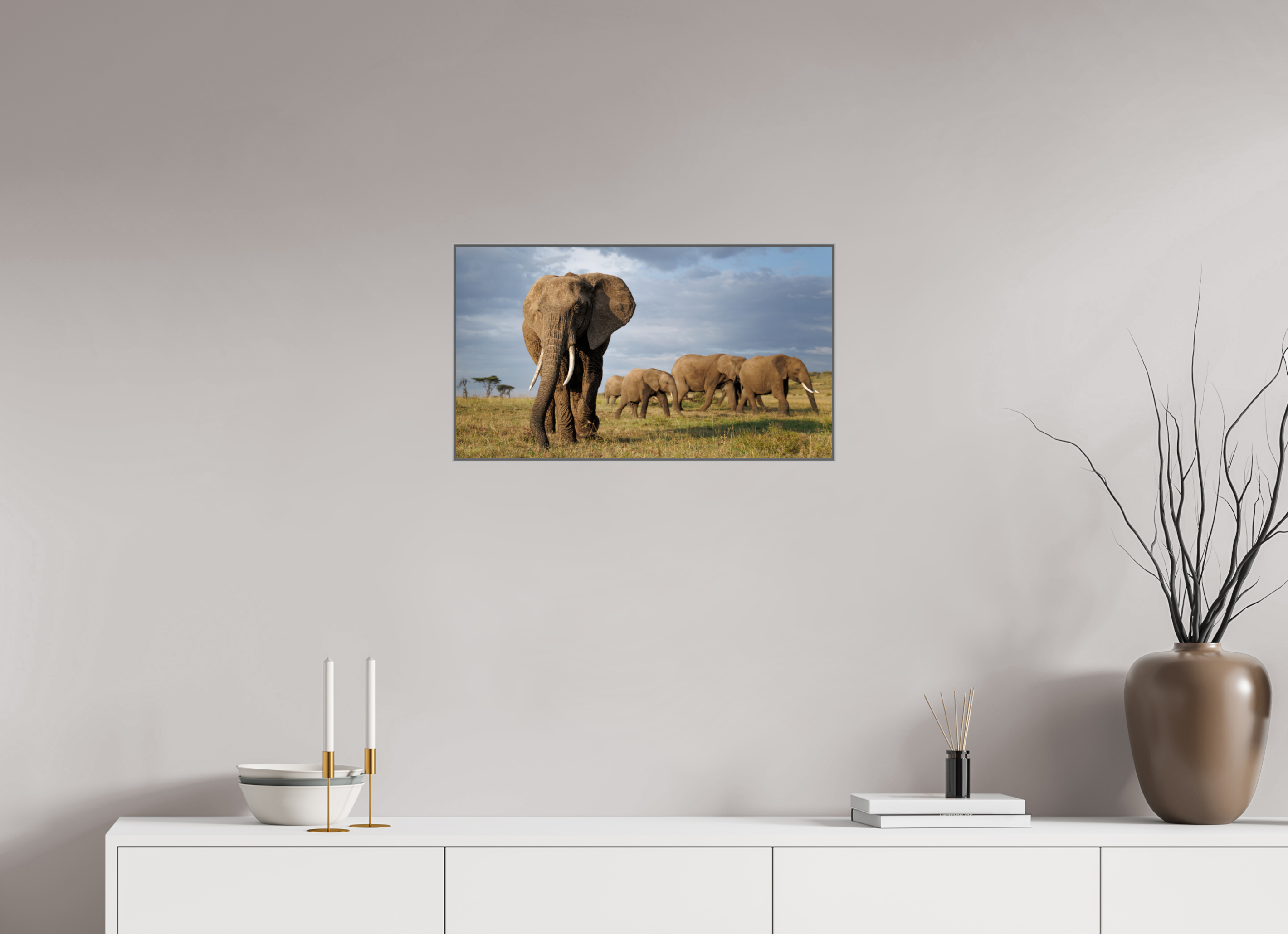 64 x 36 cm, Framed in Aluminium Art Box printed on Fuji Crystal Glossy paper w-out border Elephant and Family