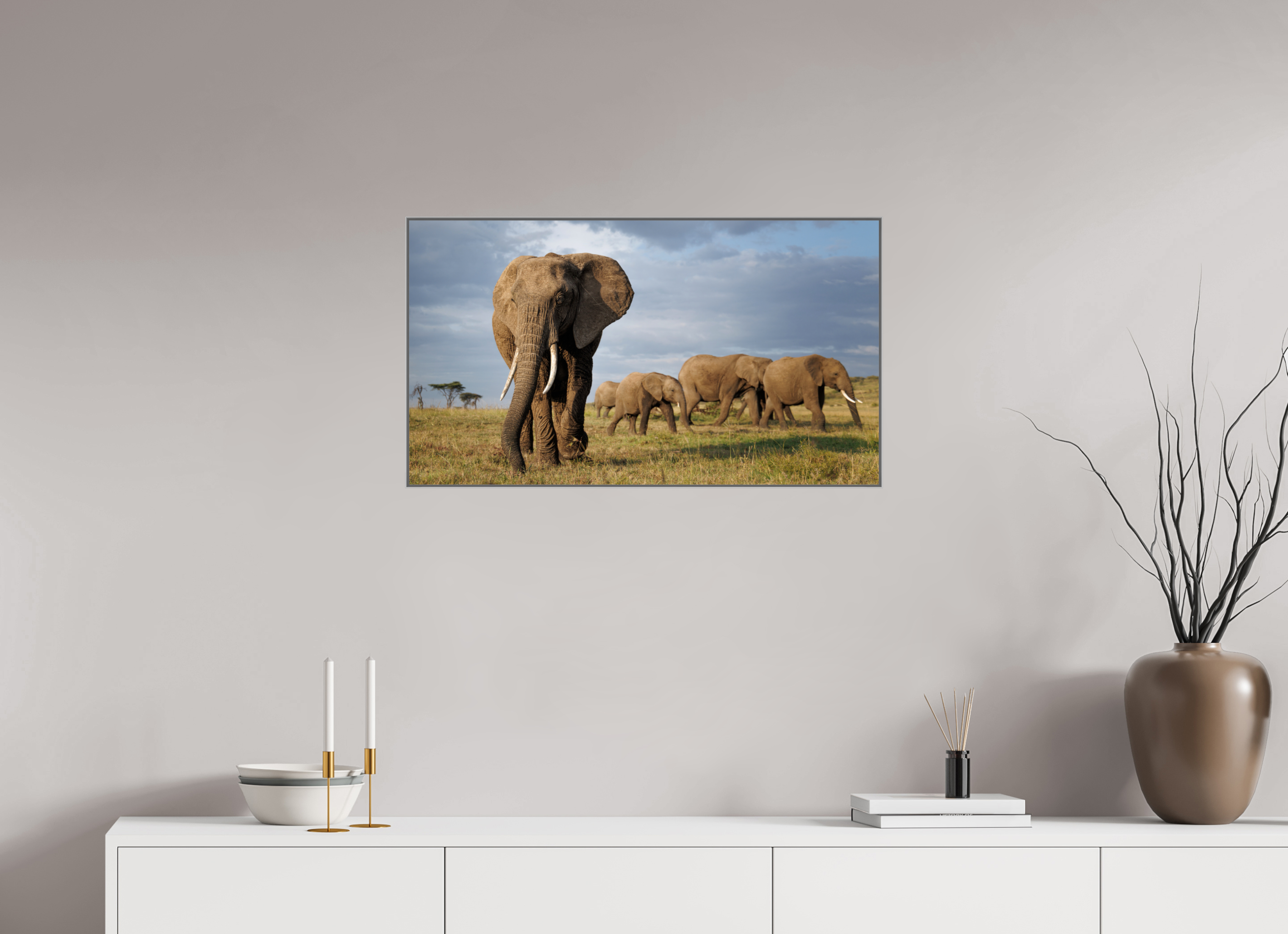 80 x 45 cm, Framed in Aluminium Art Box printed on Fuji Crystal Glossy paper w-out border Elephant and Family