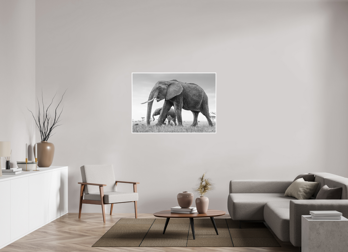 126 x 90 cm, Unframed Fine Art Giclée print on Hahnemühle Photo Rag paper with 1cm border Elephant and Baby III - Black & White