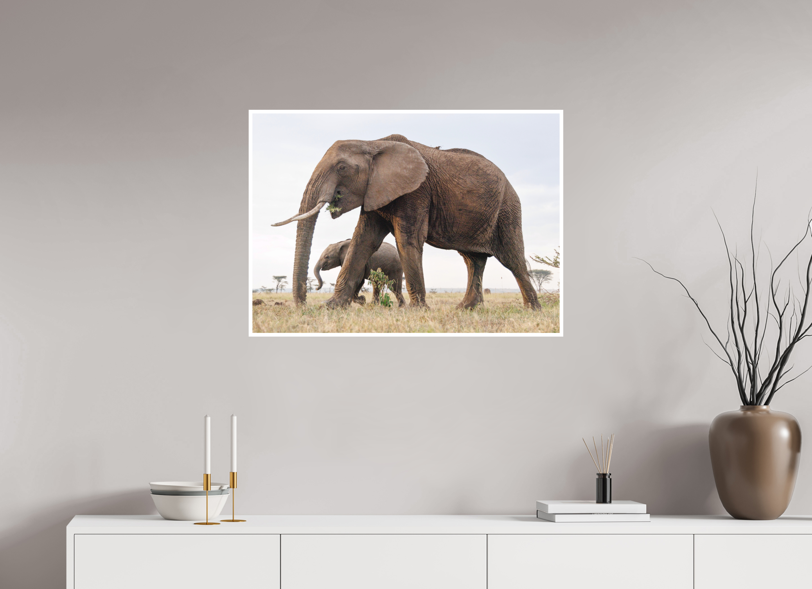 84 x 60 cm, Unframed Fine Art Giclée print on Hahnemühle Photo Rag paper with 1cm border Elephant and Baby
