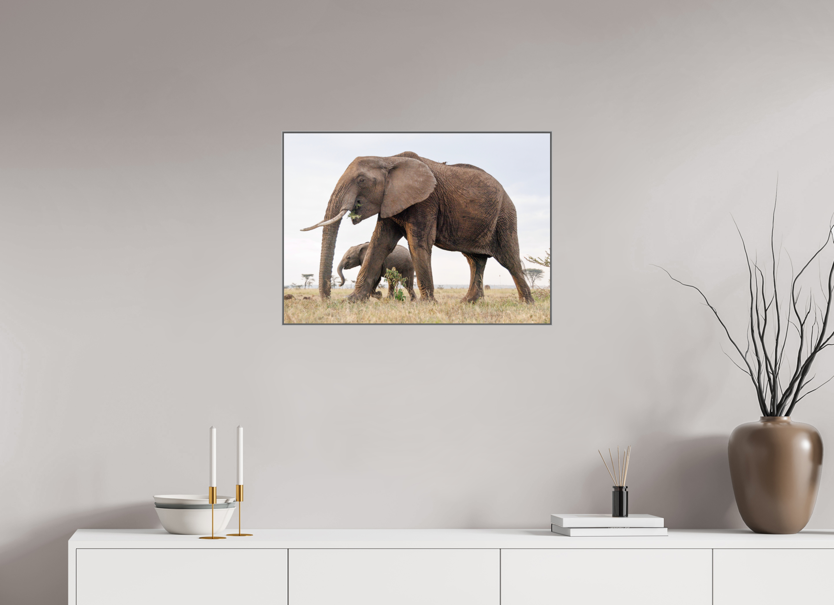 70 x 50 cm, Framed in Aluminium Art Box printed on Fuji Crystal Glossy paper w-out border Elephant and Baby