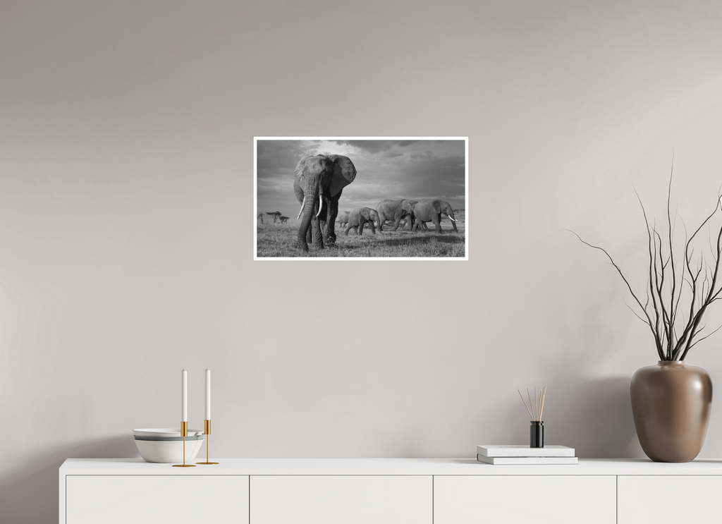 64 x 36 cm, Unframed Fine Art Giclée print on Hahnemühle Photo Rag paper with 1cm border Elephant and family