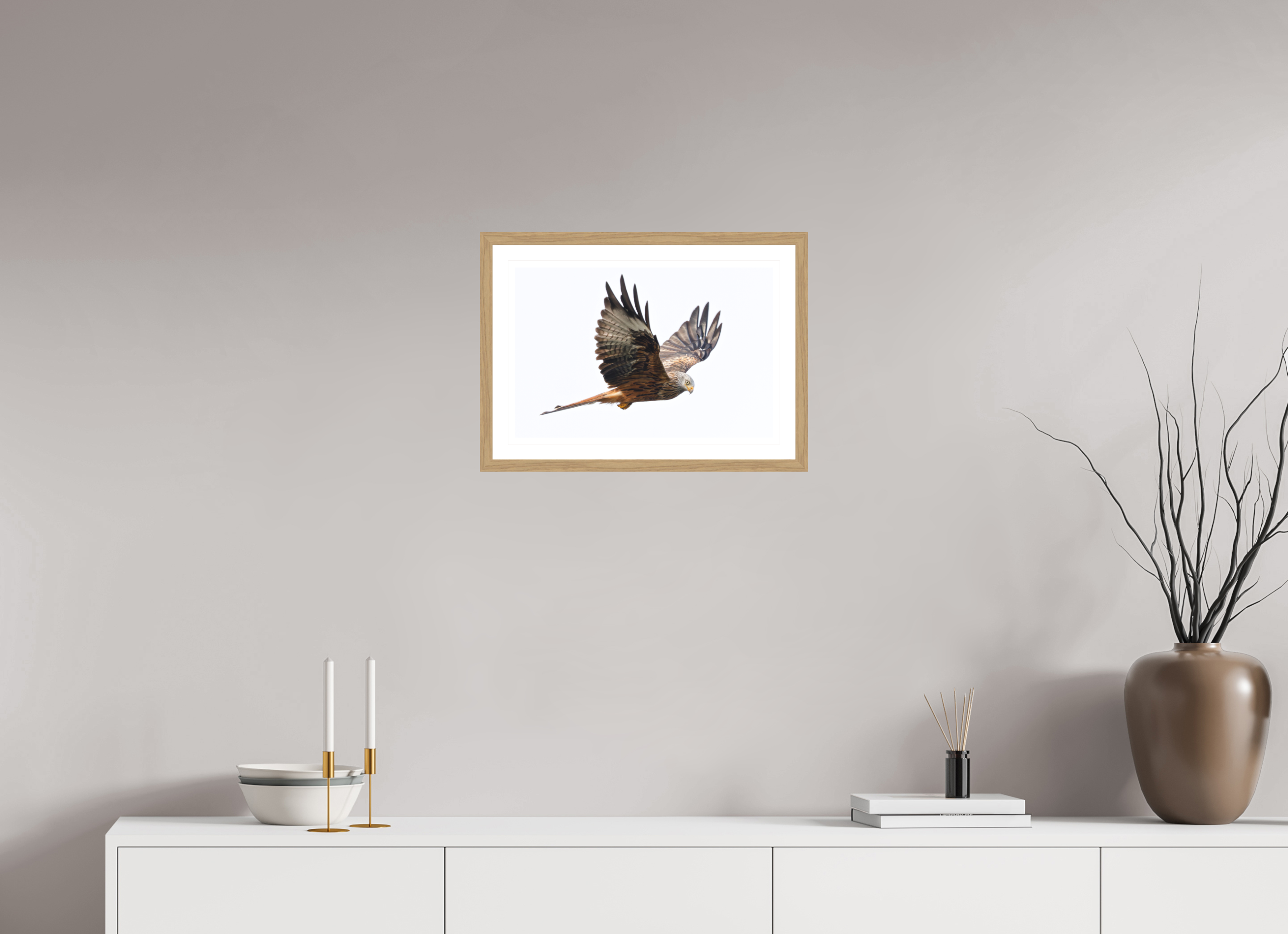 45 x 30 cm, Natural Oak colour frame Fine Art print on Hahnemühle paper with 3cm Passe-Partout w Museum glass Red Kite II