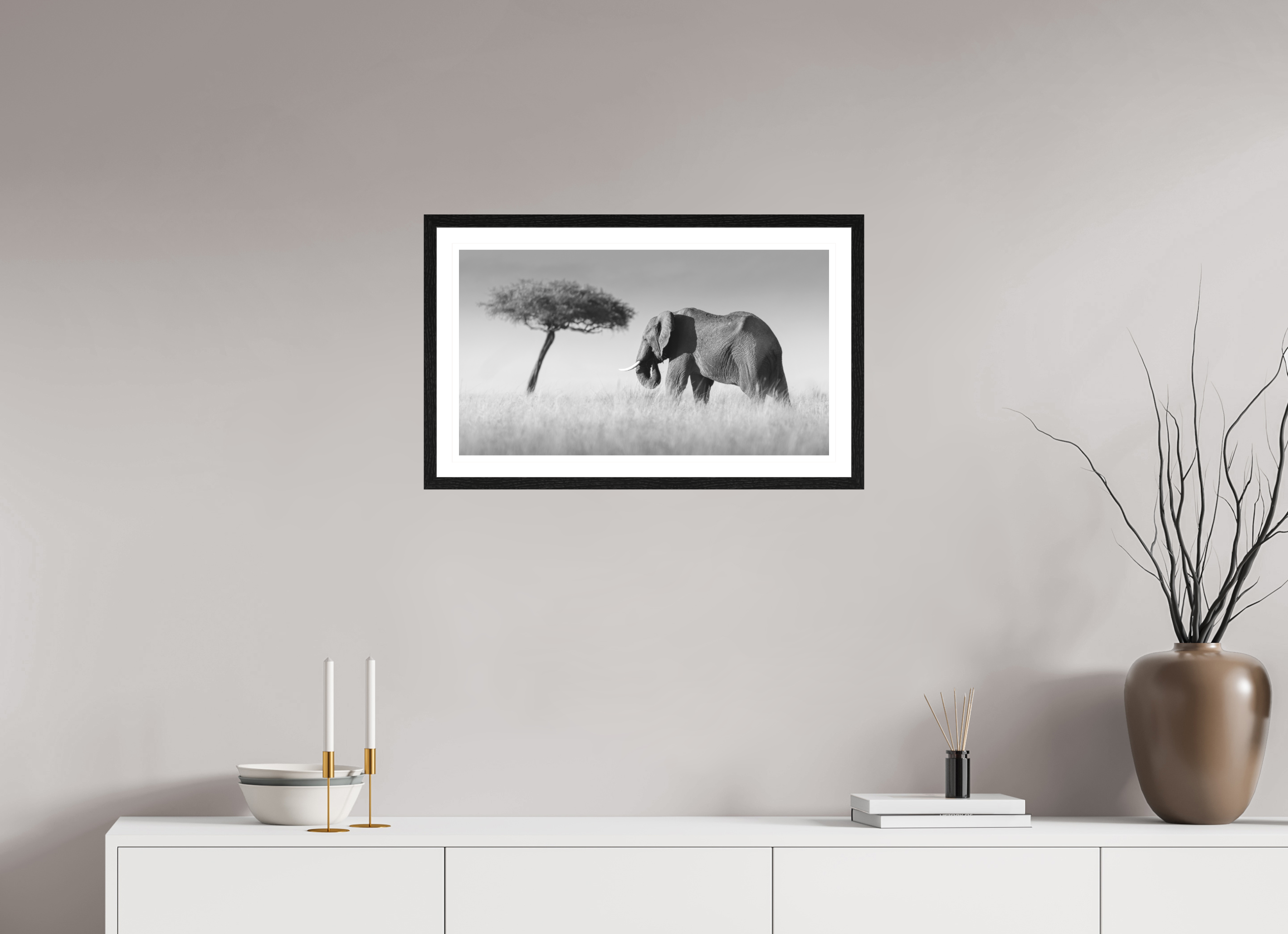 64 x 36 cm, Black oak colour frame Fine Art on 308g-m2 Hahnemühle rag paper - 3cm Passe-partout - Museum glass Elephant and Tree