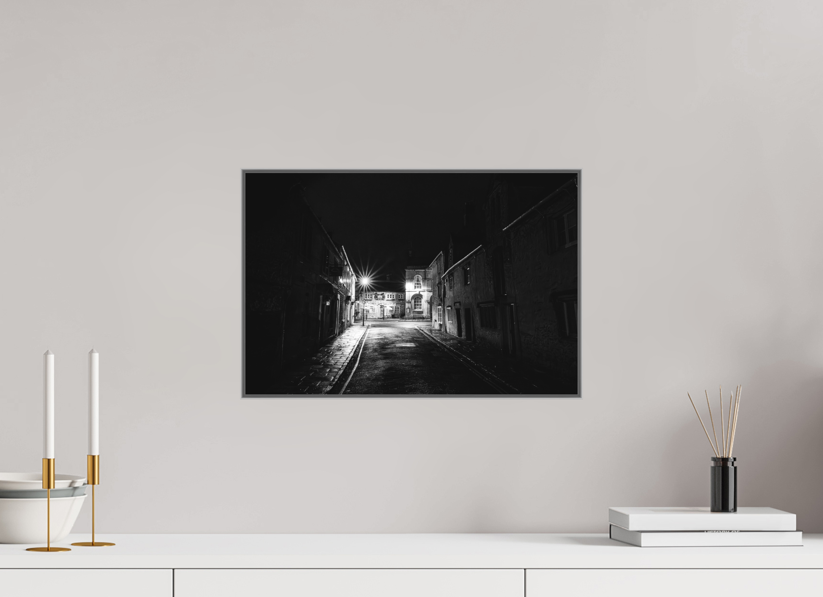 45 x 30 cm, Framed in Aluminium Art Box Printed on Ilford BW Photo Print under Acrylic Glass - w-out border Church Street, Corsham