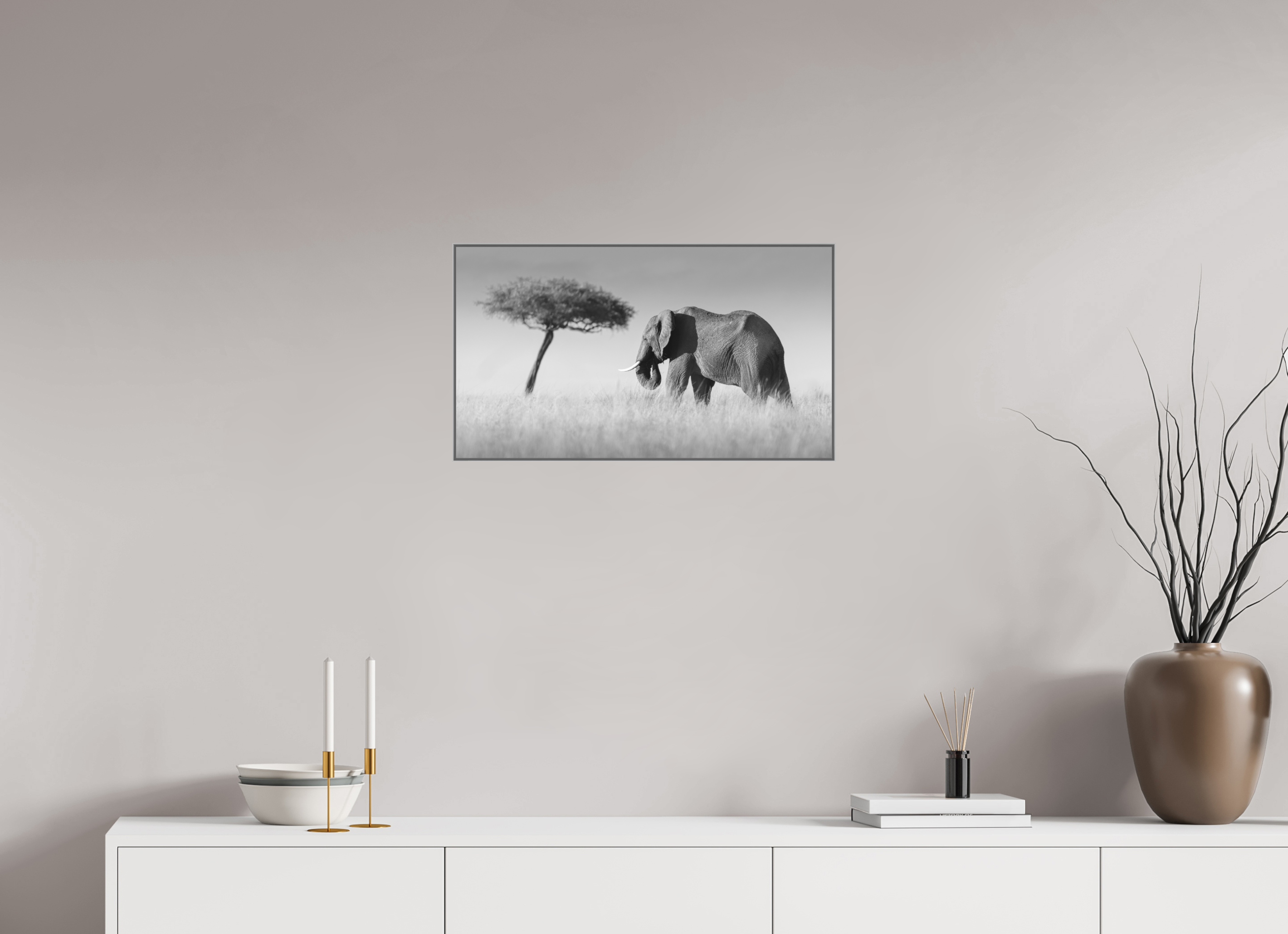 64 x 36 cm, Framed in Aluminium Art Box Printed on Ilford BW Photo Print under Acrylic Glass - w-out border Elephant and Tree