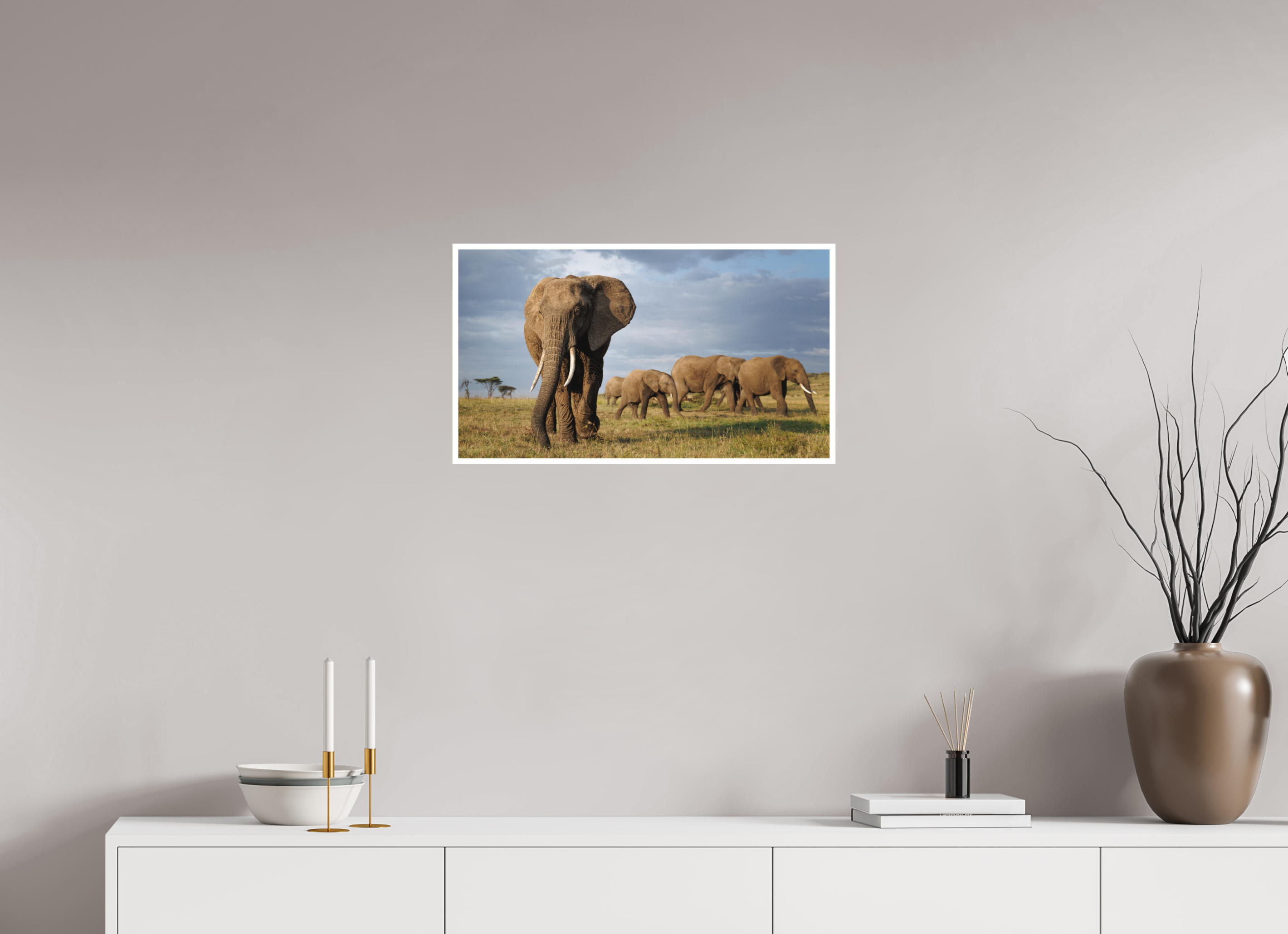 64 x 36 cm, Unframed Fine Art Giclée print on Hahnemühle Photo Rag paper with 1cm border Elephant and Family