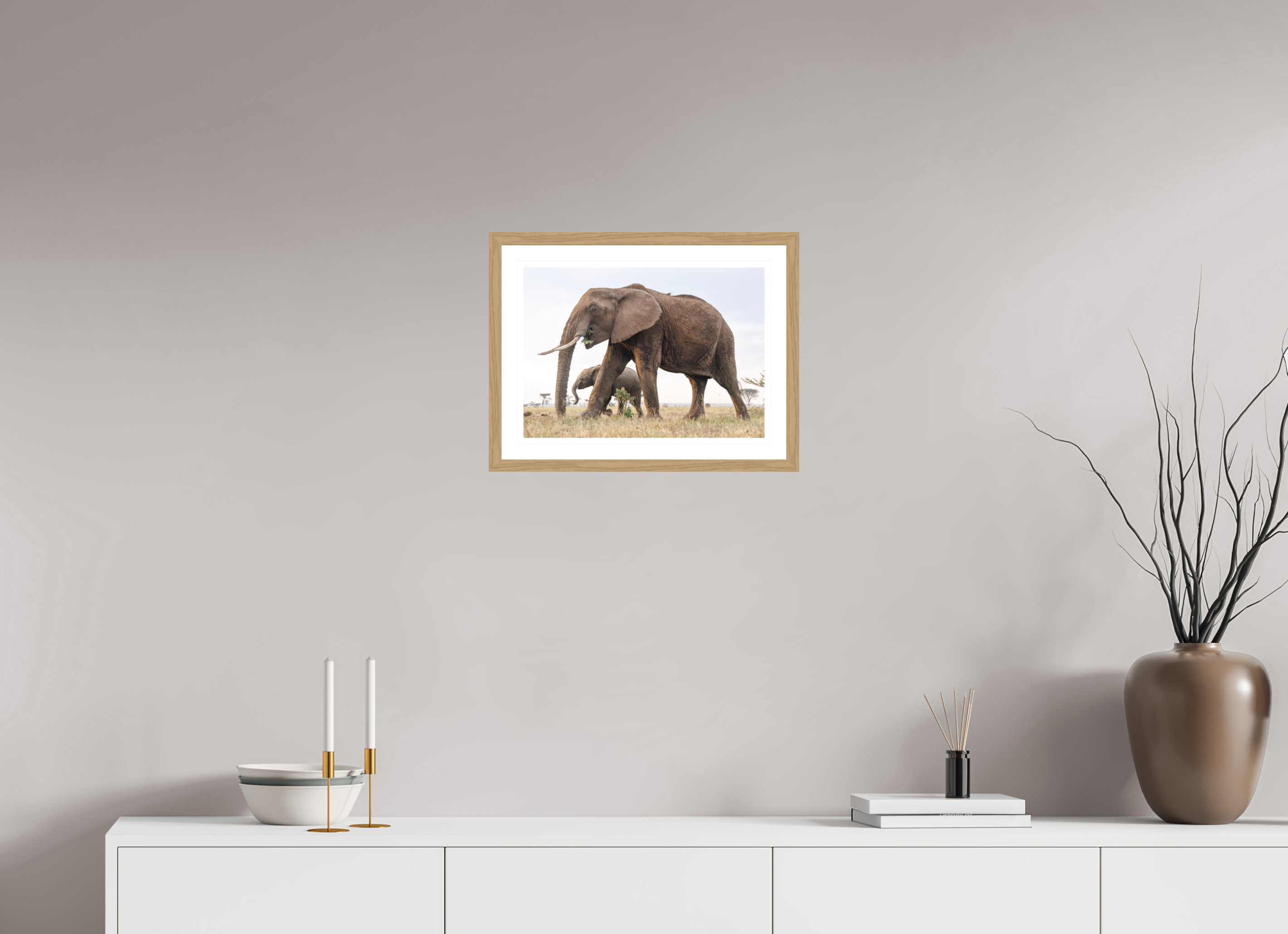 42 x 30 cm, Natural oak colour frame Fine Art on 308g-m2 Hahnemühle rag paper - 3cm Passe-partout - Matte glass Elephant and Baby III