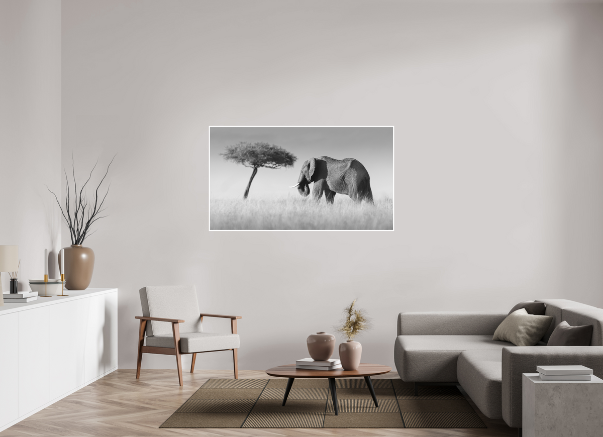 160 x 90 cm, Unframed Fine Art Giclée print on Hahnemühle Photo Rag paper with 1cm border Elephant and Tree