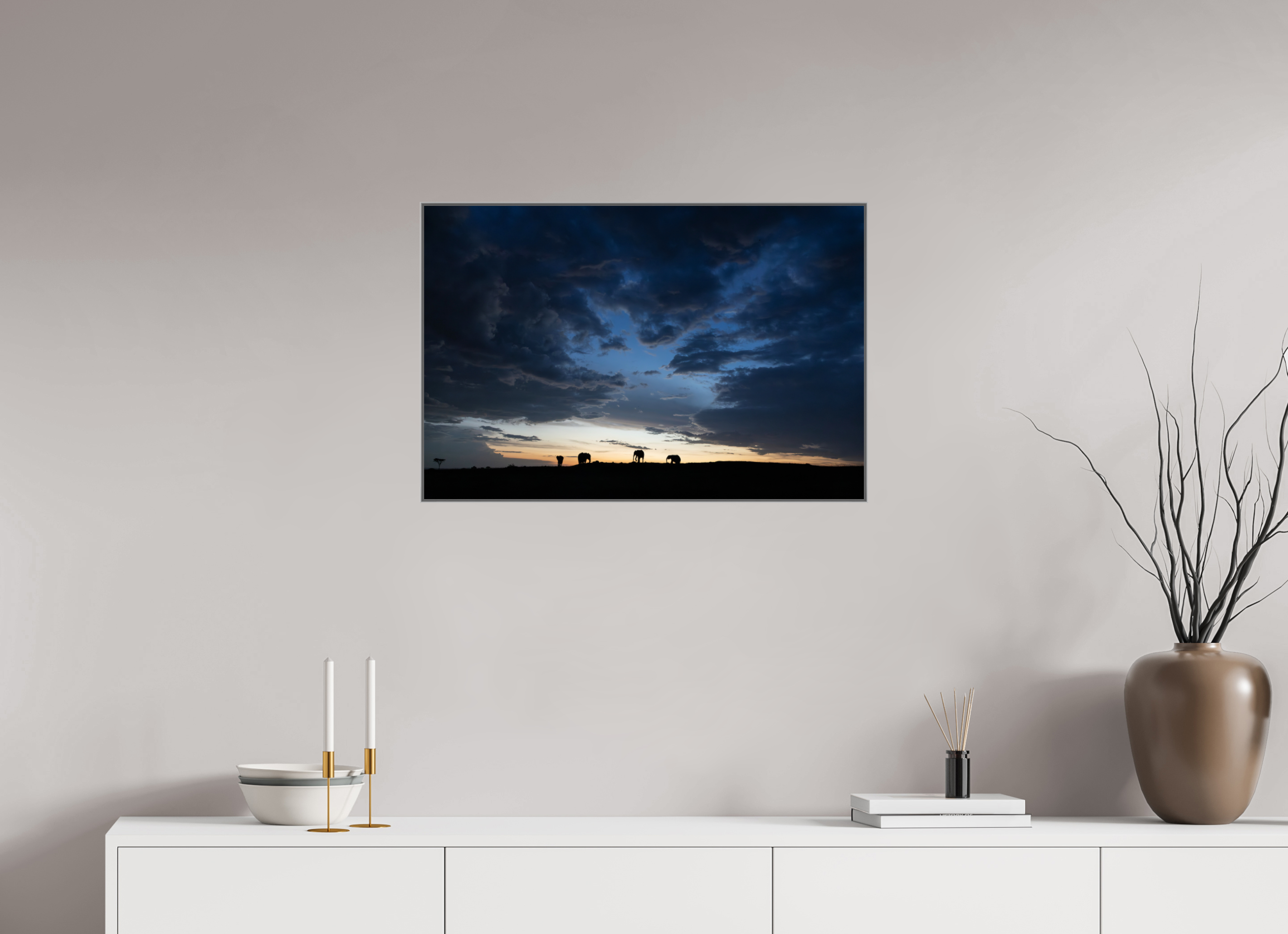 75 x 50 cm, Framed in Aluminium Art Box printed on Fuji Crystal Glossy paper w-out border Elephants in the blue hour