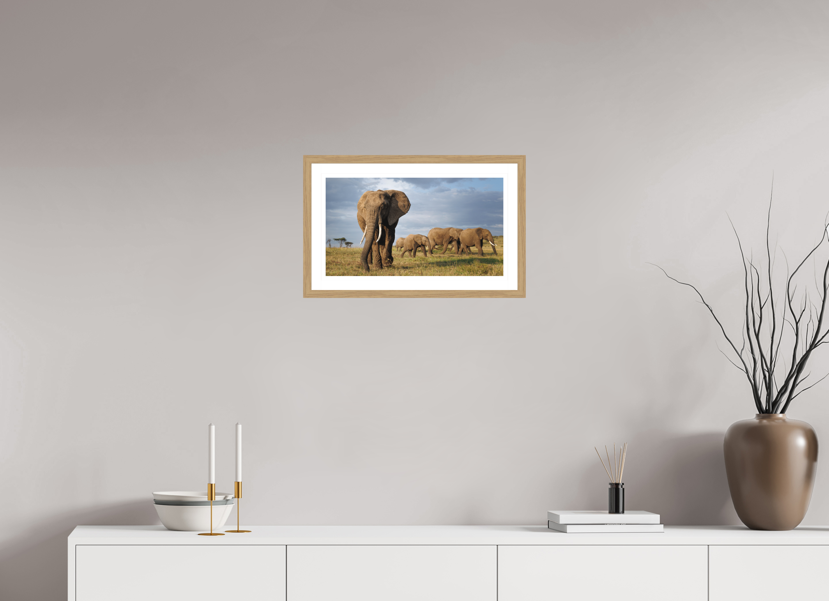48 x 27 cm, Natural oak colour frame Fine Art on 308g-m2 Hahnemühle rag paper - 3cm Passe-partout - Matte glass Elephant and Family