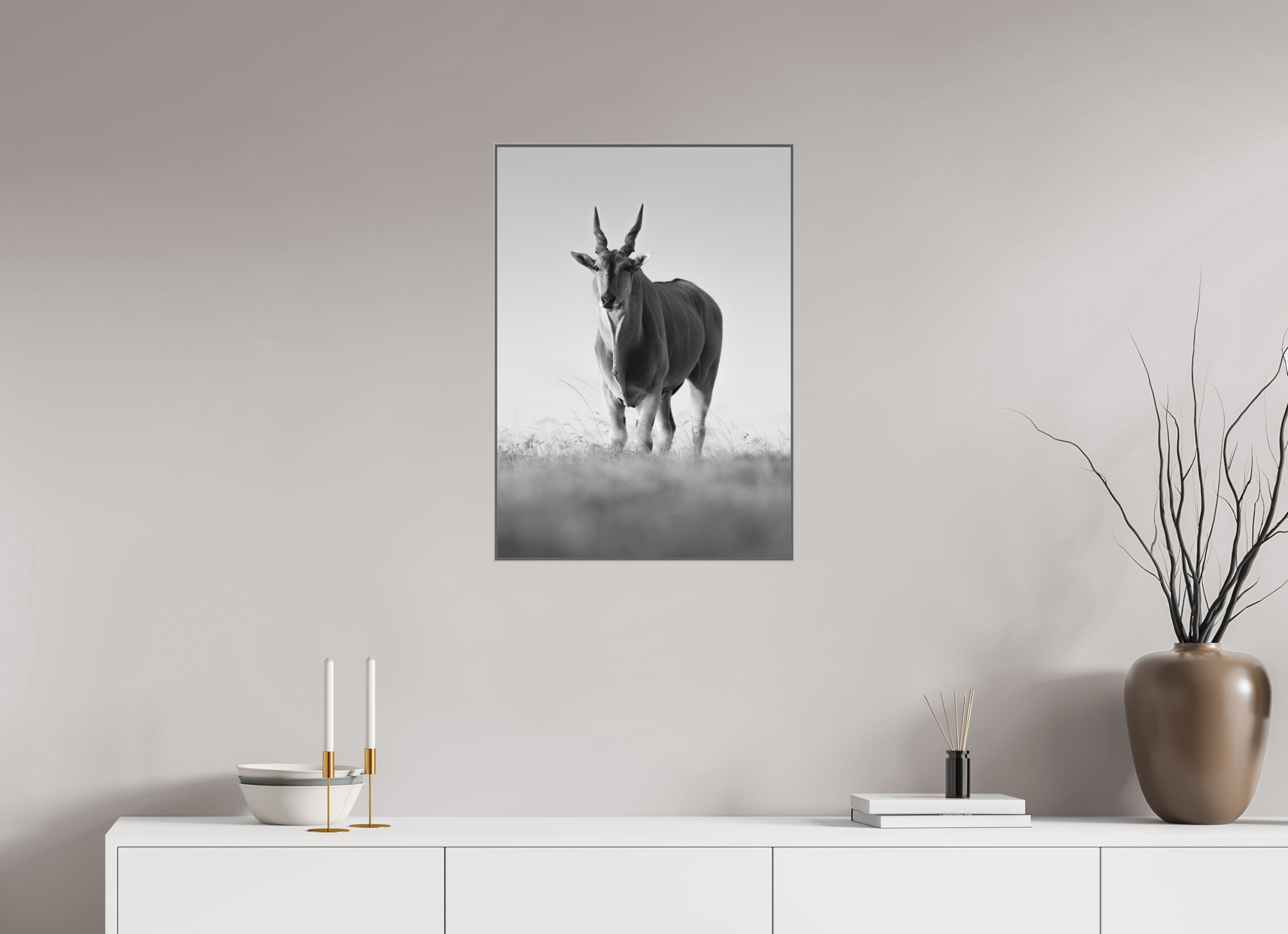 50 x 70 cm, Framed in Aluminium Art Box Printed on Ilford BW Photo Print under Acrylic Glass - w-out border Elland antelope