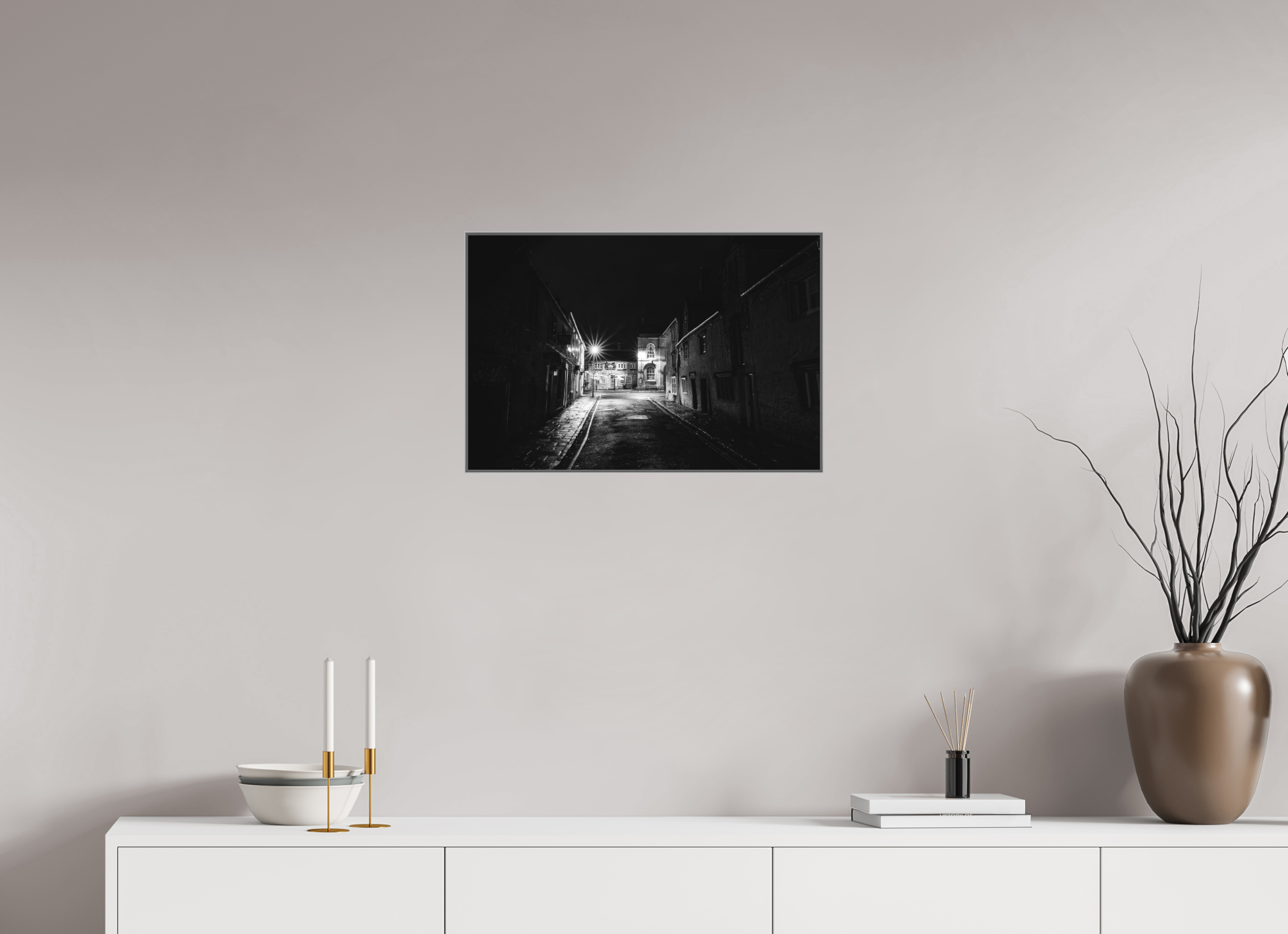 60 x 40 cm, Framed in Aluminium Art Box Printed on Ilford BW Photo Print under Acrylic Glass - w-out border Church Street, Corsham