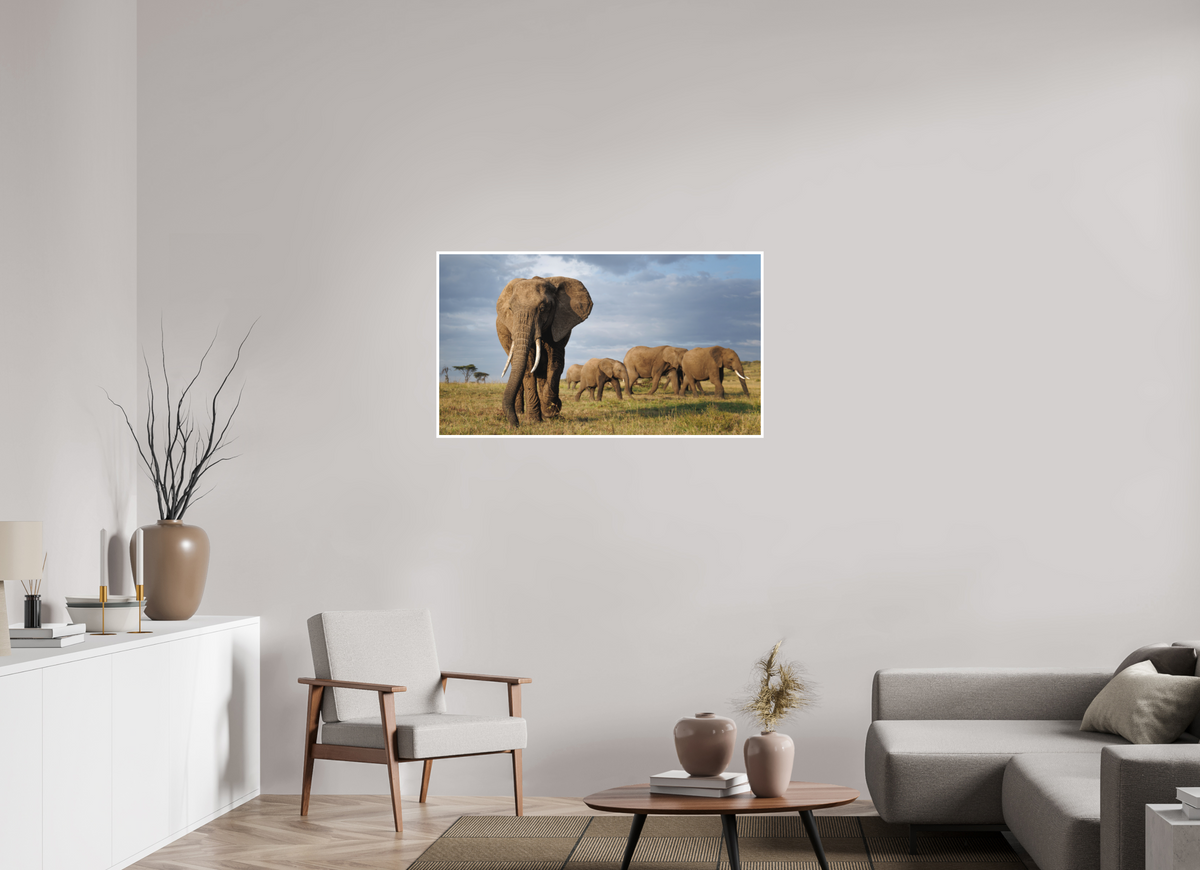 112 x 63 cm, Unframed Fine Art Giclée print on Hahnemühle Photo Rag paper with 1cm border Elephant and Family - Colour