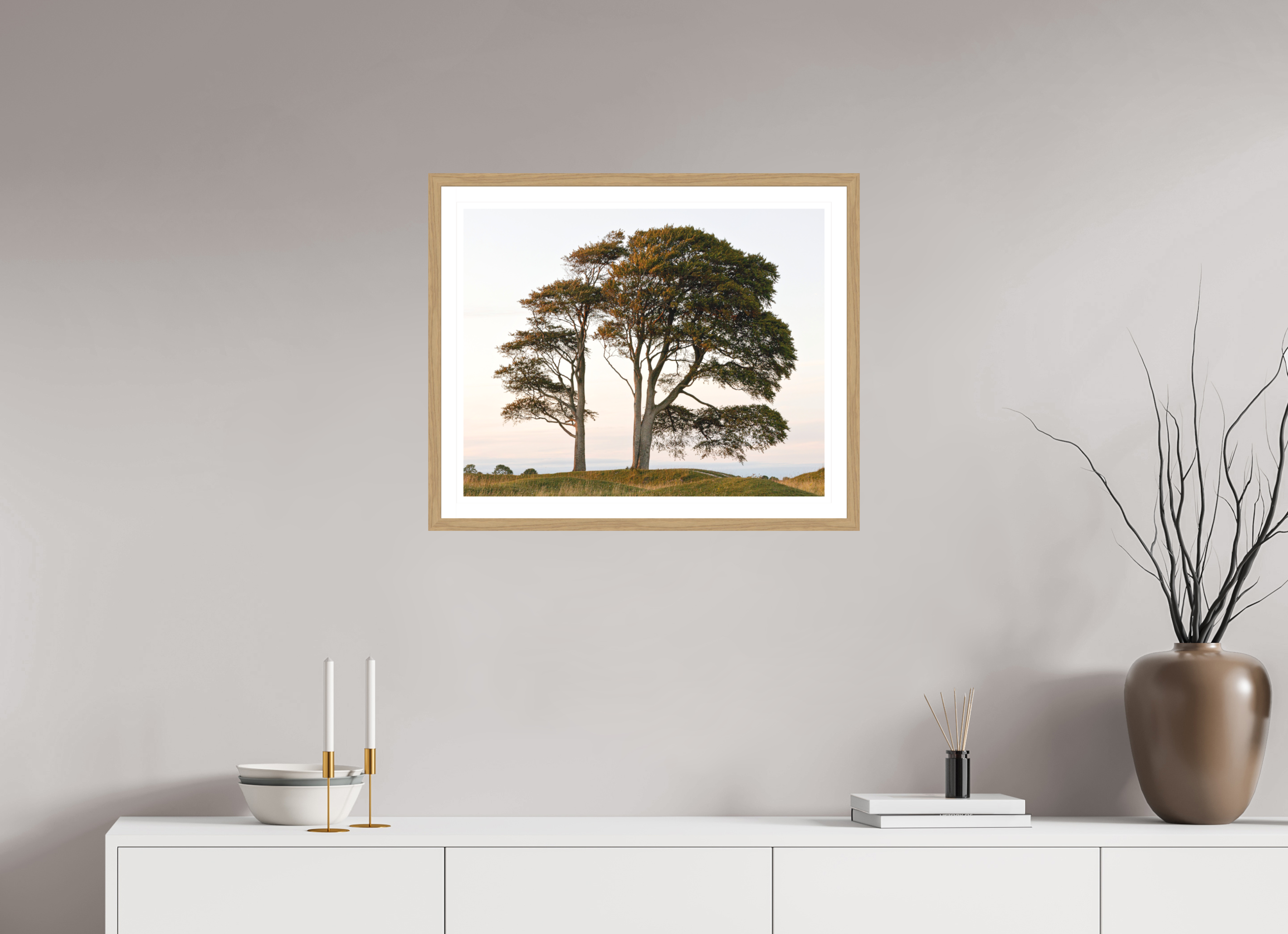 62.5 x 50 cm, Natural Oak colour frame Fine Art print on Hahnemühle paper with 3cm Passe-Partout w Museum glass Tree on Roundway Hill