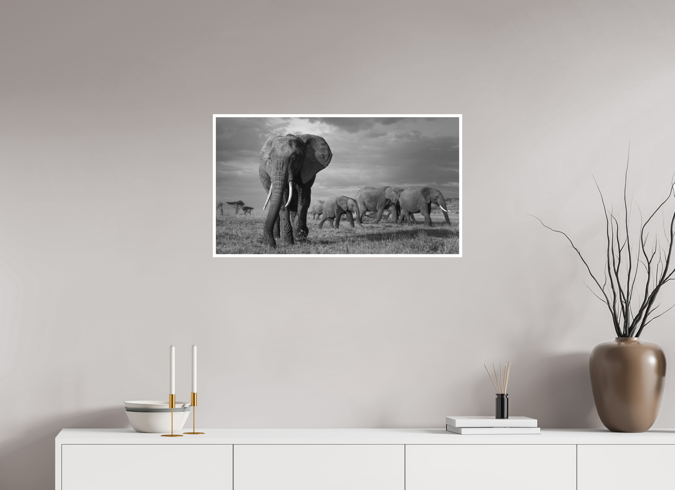80 x 45 cm, Unframed Fine Art Giclée print on Hahnemühle Photo Rag paper with 1cm border Elephant and family