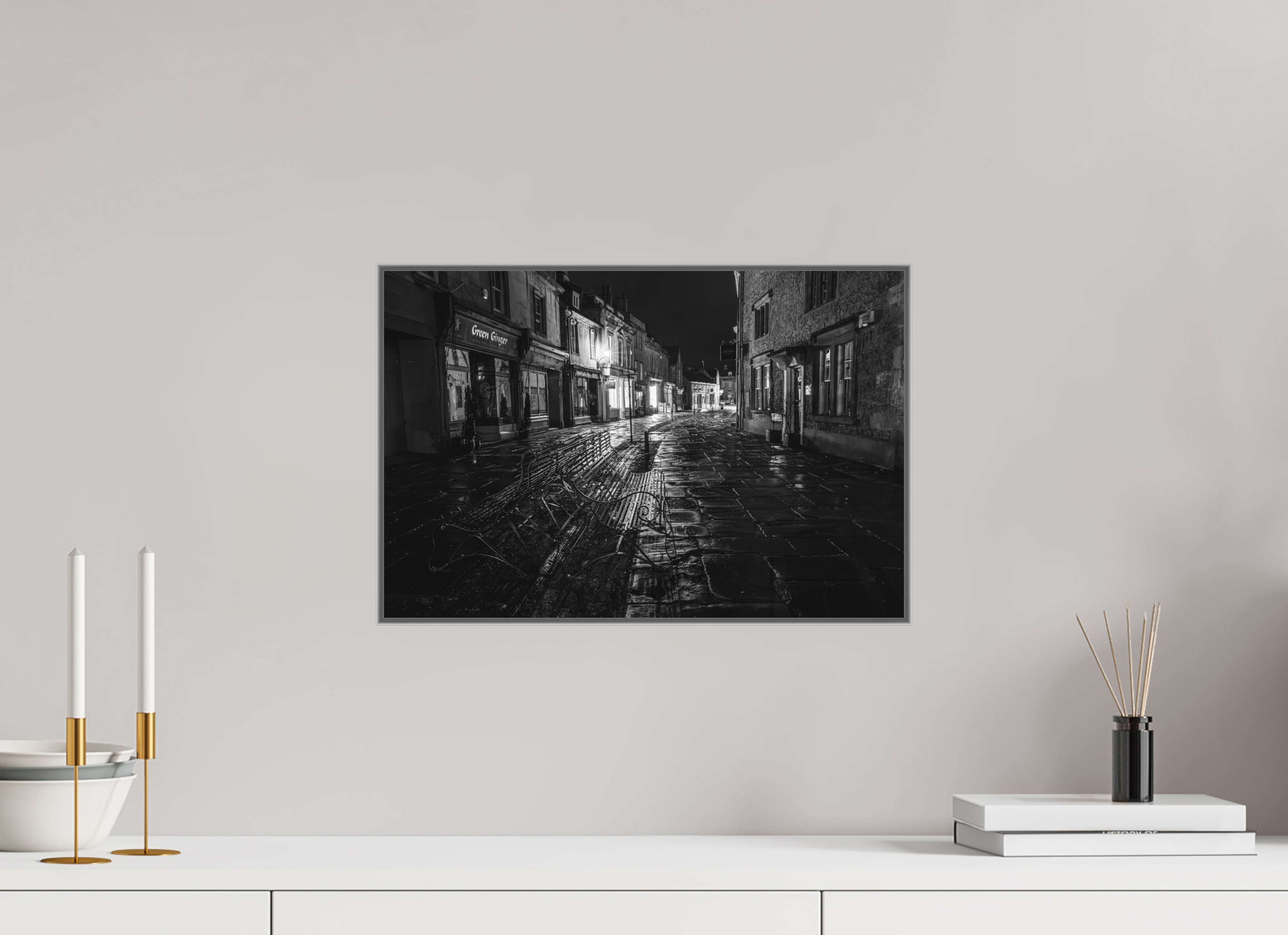 45 x 30 cm, Framed in Aluminium Art Box Printed on Ilford BW Photo Print under Acrylic Glass - w-out border Corsham High Street IV