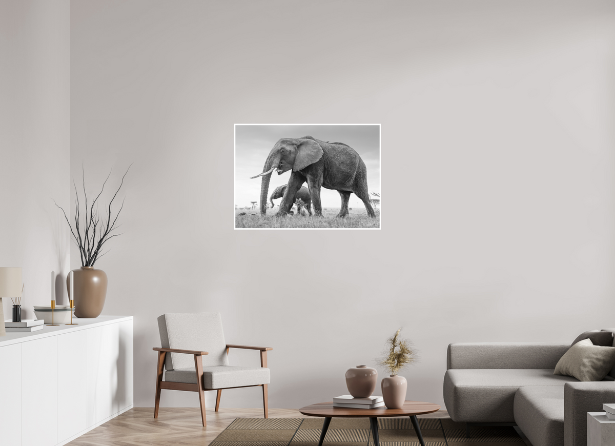 98 x 70 cm, Unframed Fine Art Giclée print on Hahnemühle Photo Rag paper with 1cm border Elephant and Baby III - Black & White