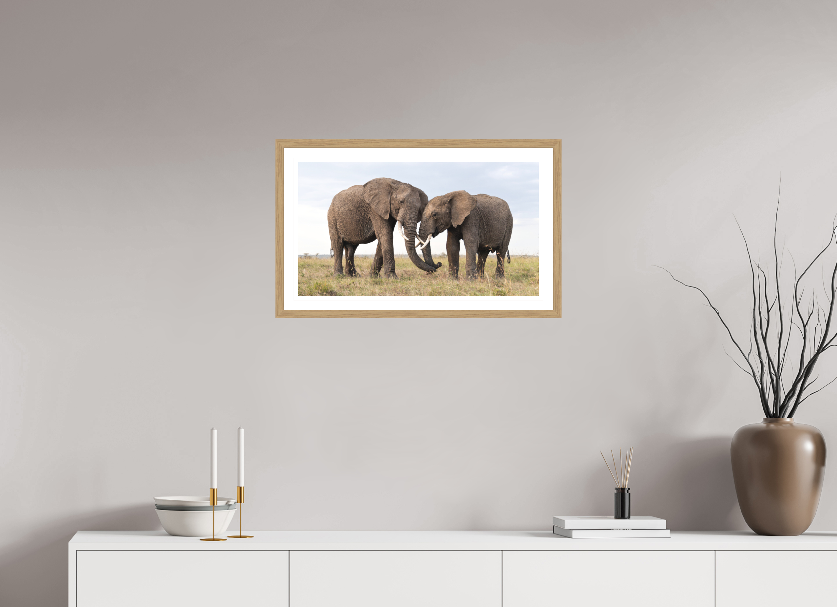 64 x 36 cm, Natural Oak colour frame Fine Art print on Hahnemühle paper with 3cm Passe-Partout w Museum glass Intimate Moments I