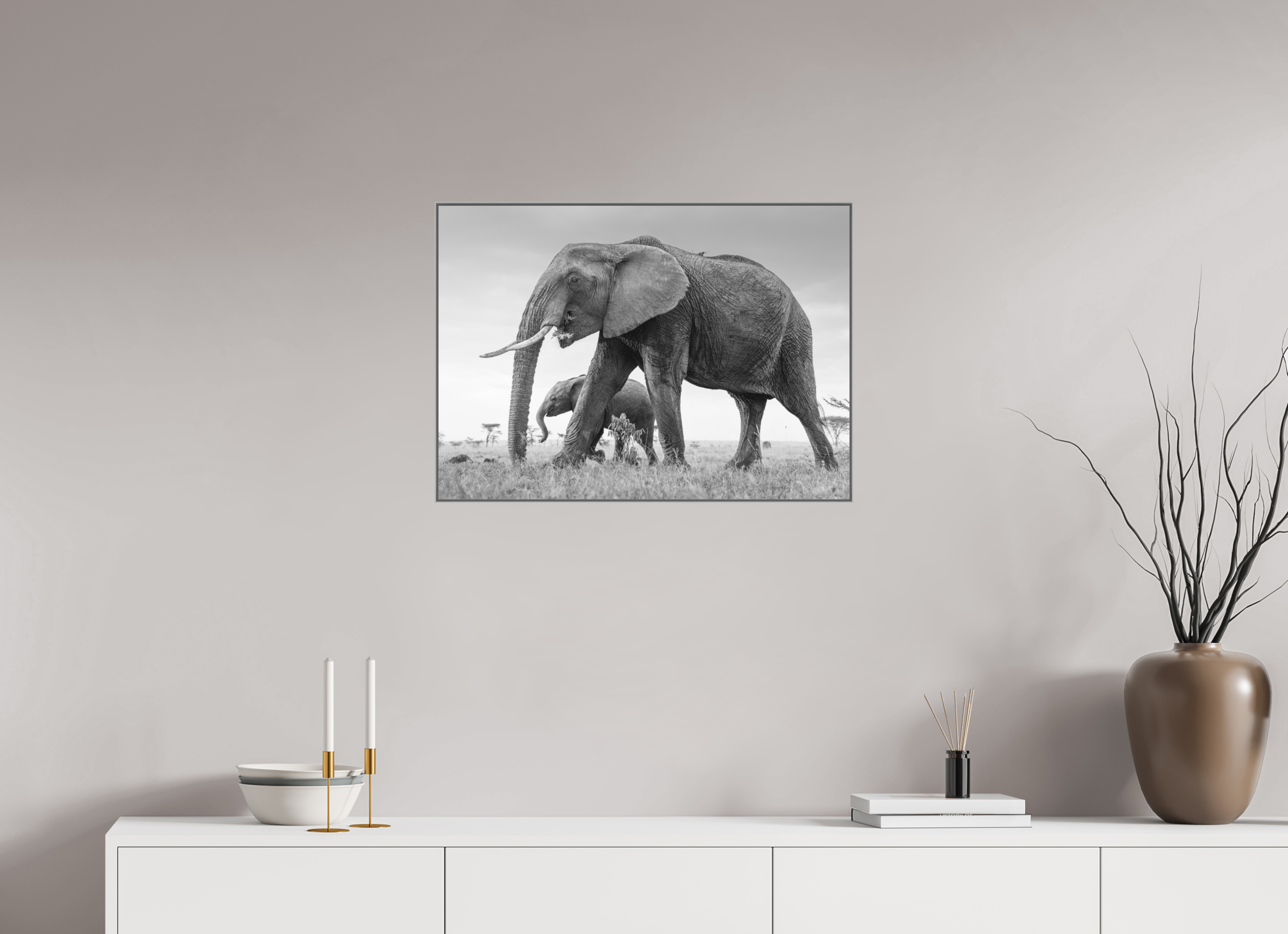 70 x 50 cm, Framed in Aluminium Art Box Printed on Ilford BW Photo Print under Acrylic Glass - w-out border Elephant and Baby III