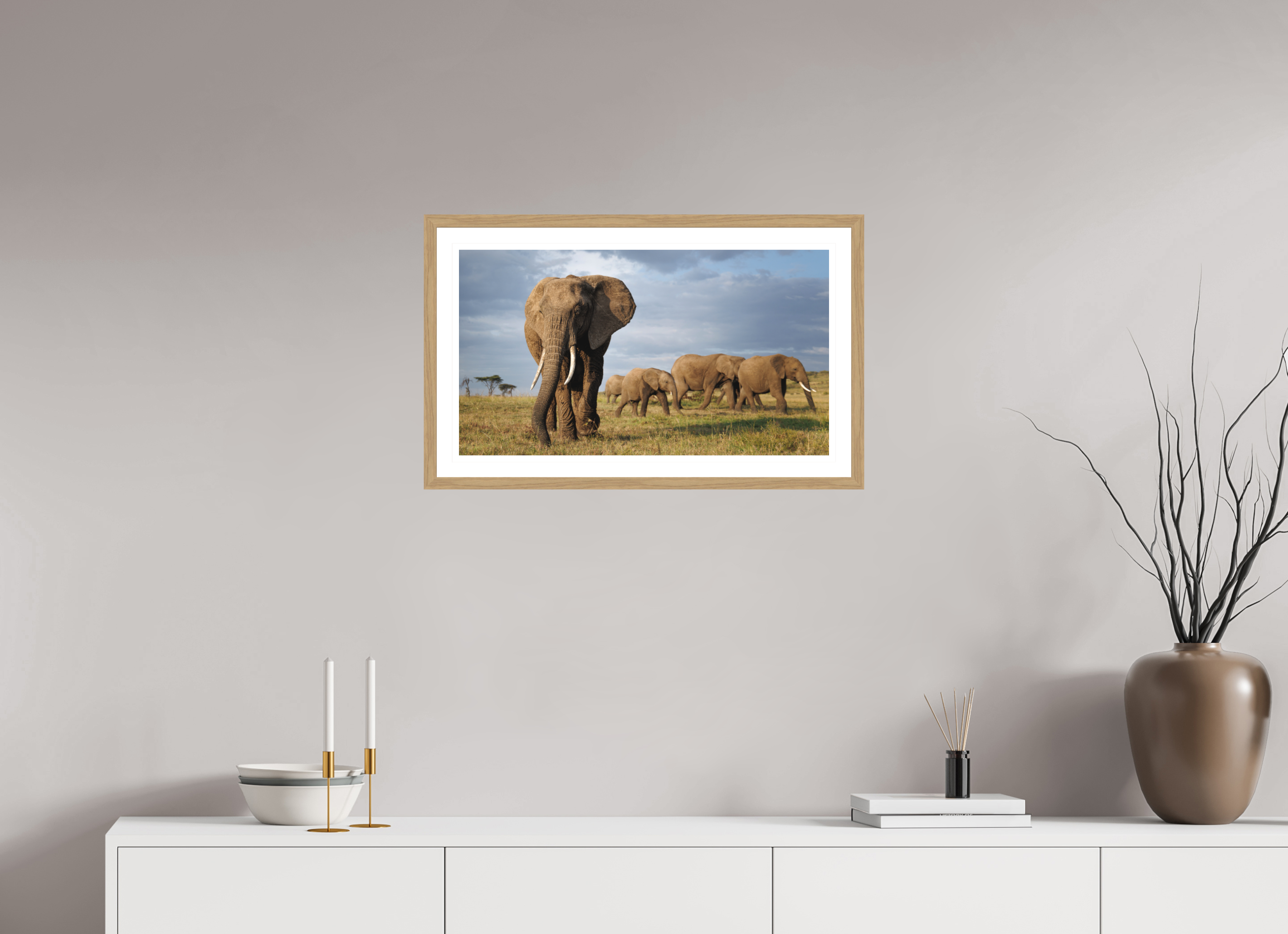 64 x 36 cm, Natural Oak colour frame Fine Art print on Hahnemühle paper with 3cm Passe-Partout w Museum glass Elephant and Family