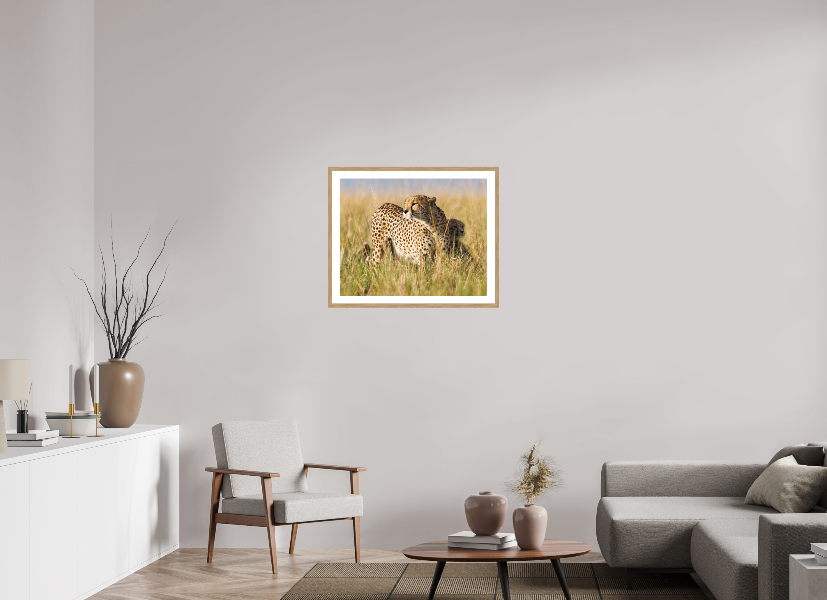75 x 60 cm, Natural Oak colour frame Fine Art print on Hahnemühle paper with 3cm Passe-Partout w Museum glass In mum's shadow
