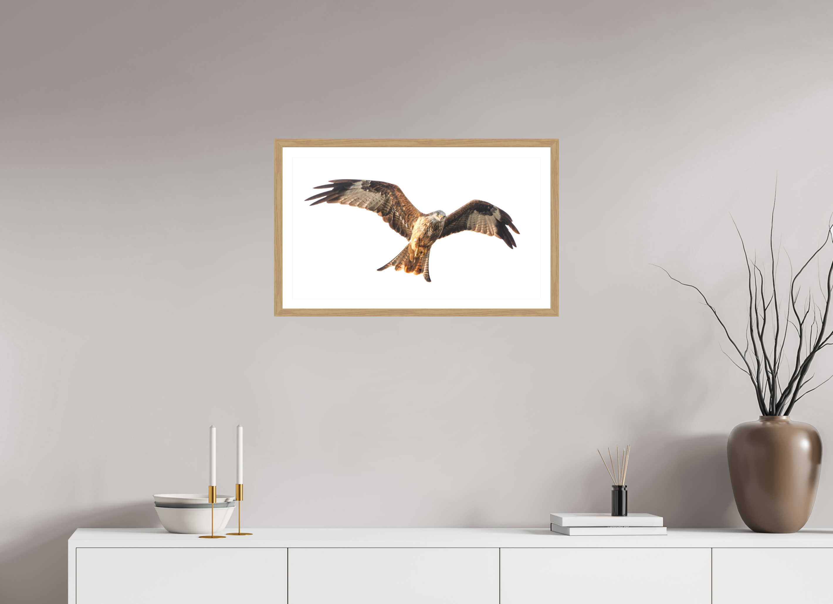 64 x 36 cm, Natural oak colour frame Fine Art on 308g-m2 Hahnemühle rag paper - 3cm Passe-partout - Matte glass Red Kite III
