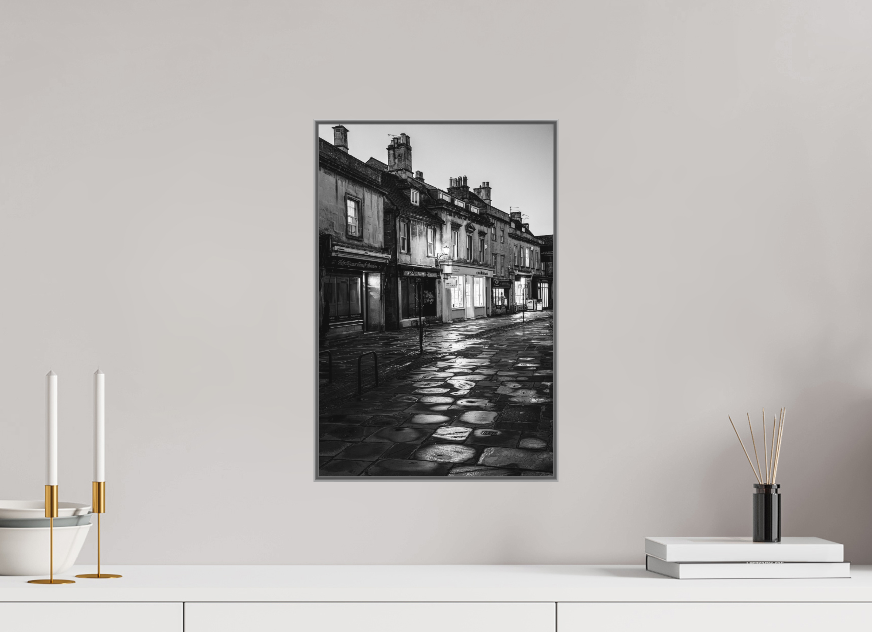 30 x 45 cm, Framed in Aluminium Art Box Printed on Ilford BW Photo Print under Acrylic Glass - w-out border Corsham High Street II