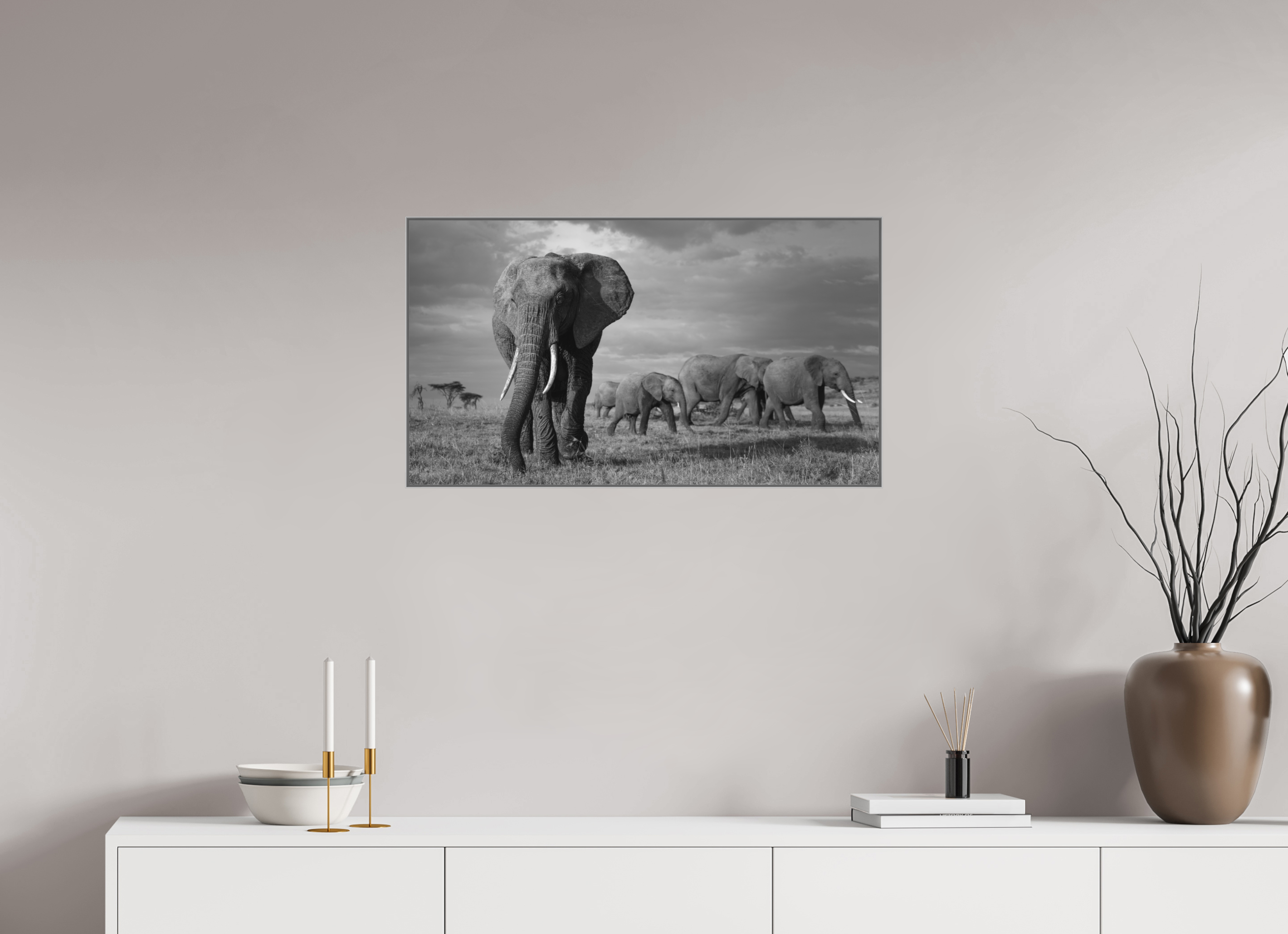 80 x 45 cm, Framed in Aluminium Art Box Printed on Ilford BW Photo Print under Acrylic Glass - w-out border Elephant and family