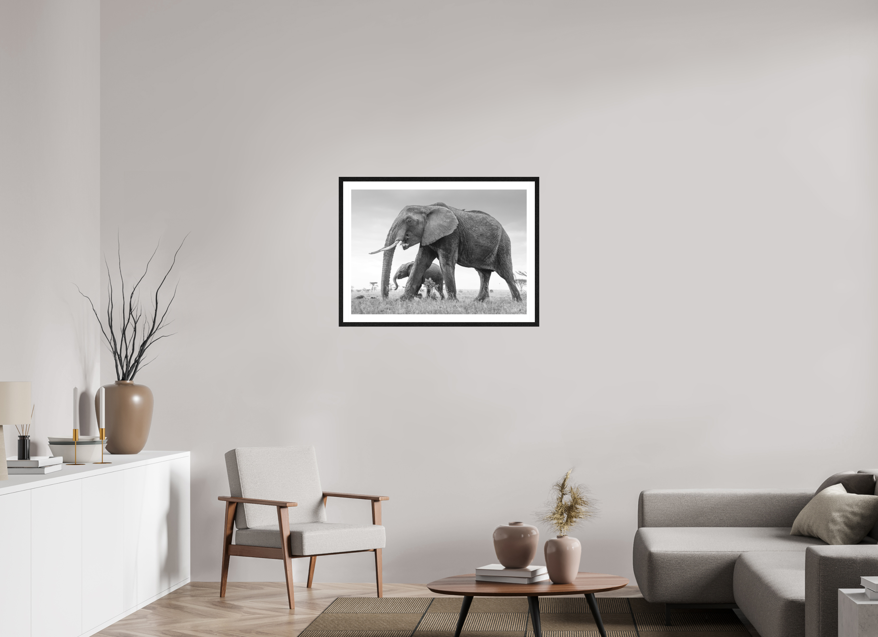 84 x 60 cm, Black oak colour frame Fine Art on 308g-m2 Hahnemühle rag paper - 3cm Passe-partout - Matte glass Elephant and Baby III