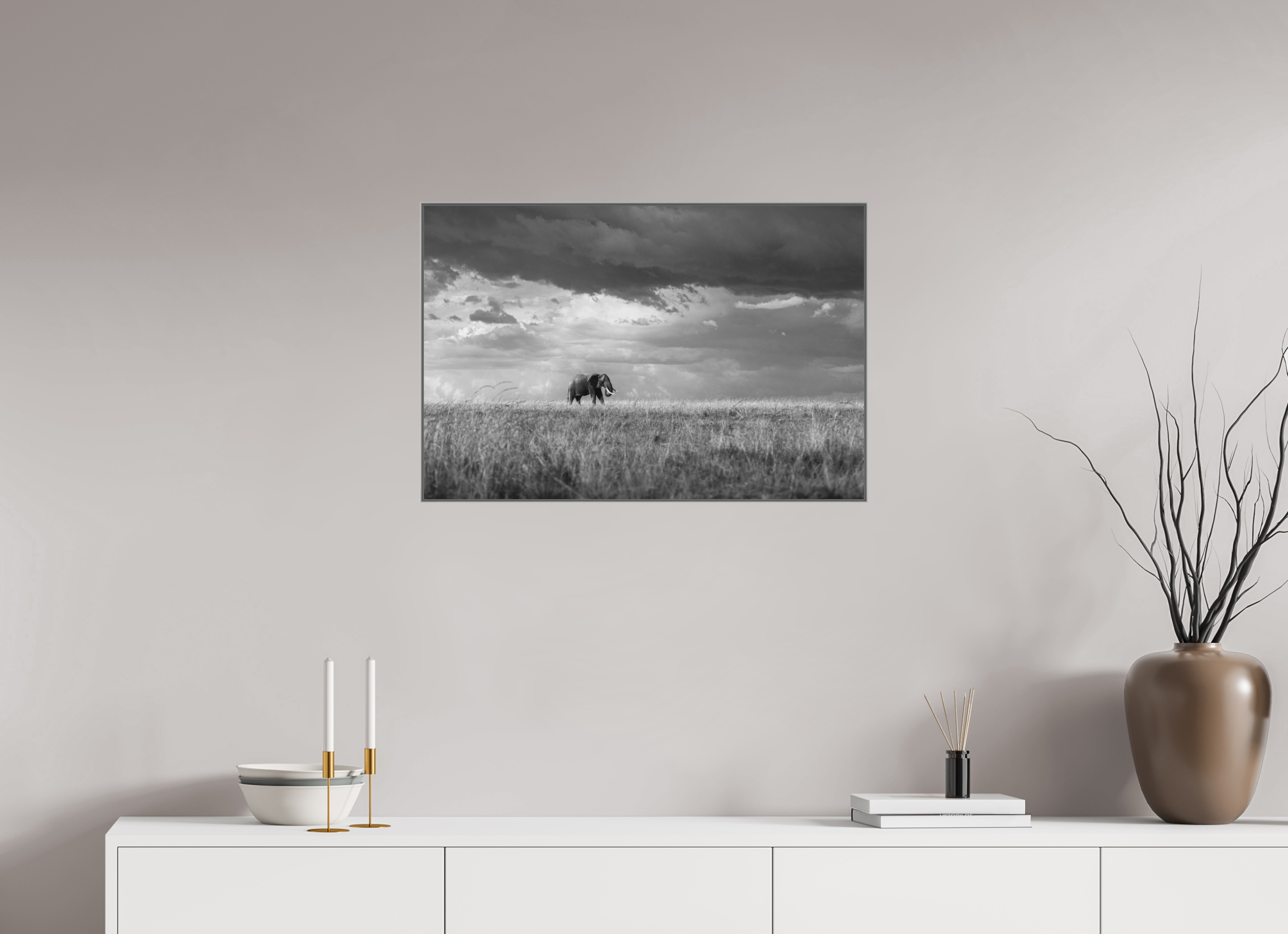 75 x 50 cm, Framed in Aluminium Art Box Printed on Ilford BW Photo Print under Acrylic Glass - w-out border Elephant I