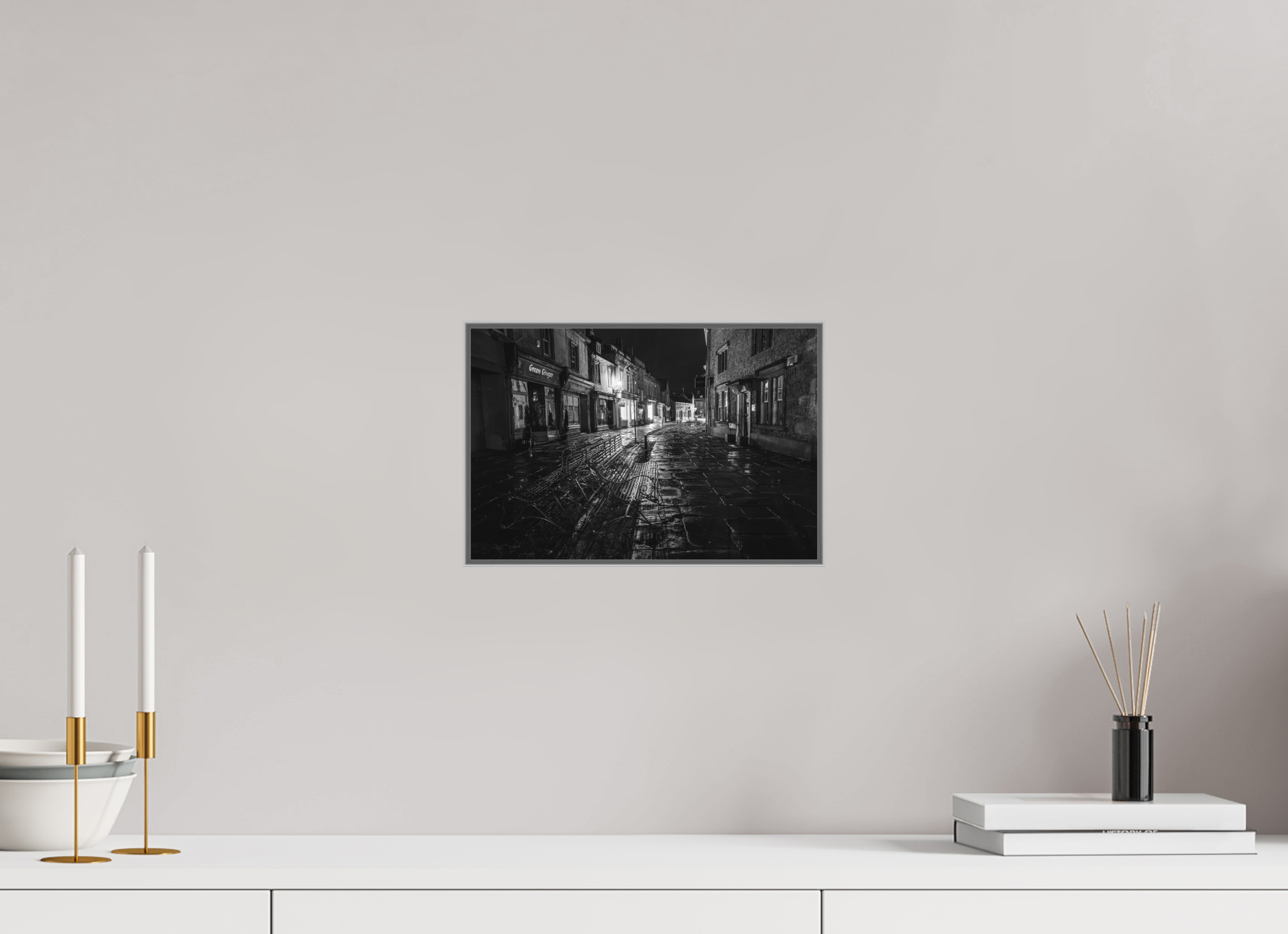 30 x 20 cm, Framed in Aluminium Art Box Printed on Ilford BW Photo Print under Acrylic Glass - w-out border Corsham High Street IV