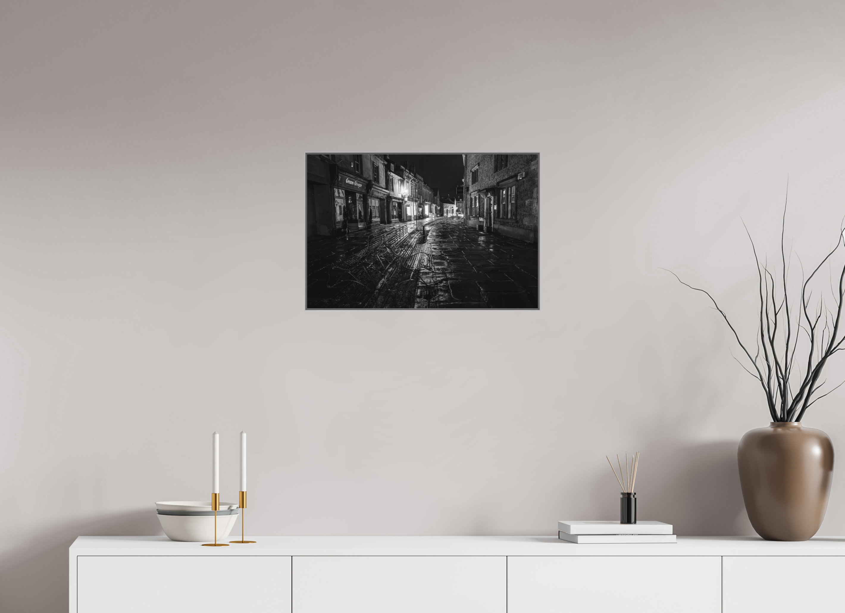 60 x 40 cm, Framed in Aluminium Art Box Printed on Ilford BW Photo Print under Acrylic Glass - w-out border Corsham High Street IV