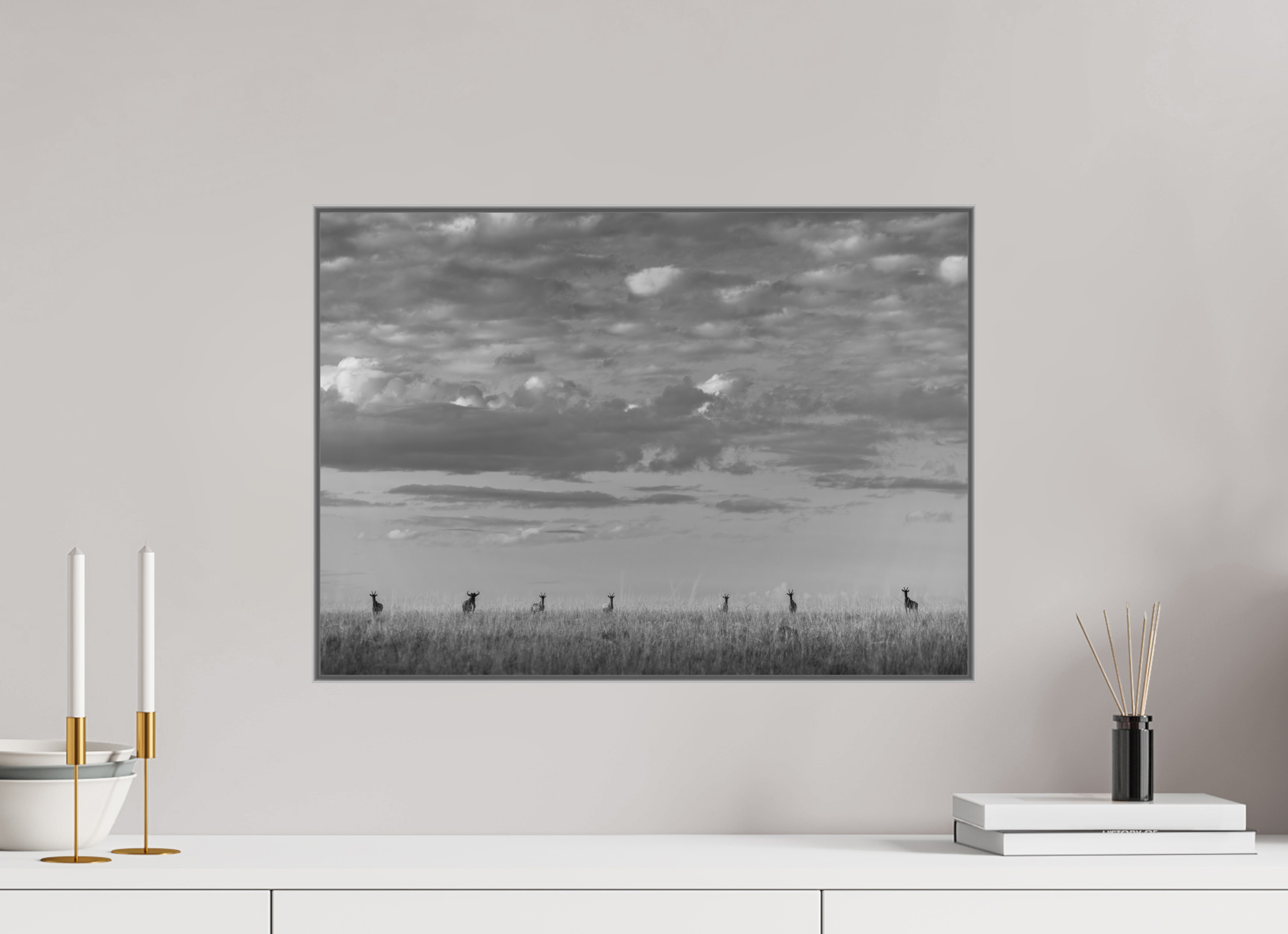 56 x 40 cm, Framed in Aluminium Art Box Printed on Ilford BW Photo Print under Acrylic Glass - w-out border 6 Topi and the Wildebeest