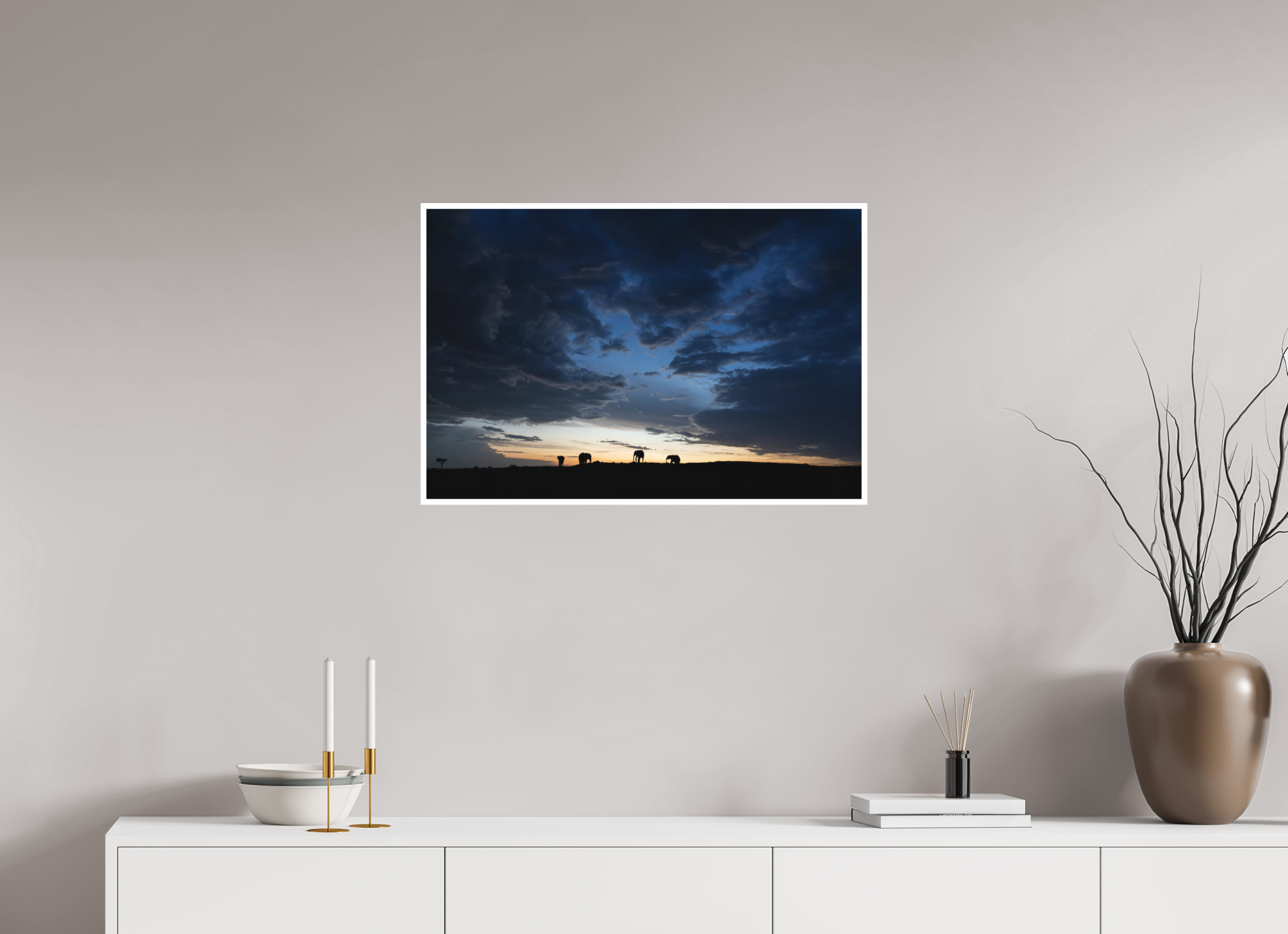 75 x 50 cm, Unframed Fine Art Giclée print on Hahnemühle Photo Rag paper with 1cm border Elephants in the blue