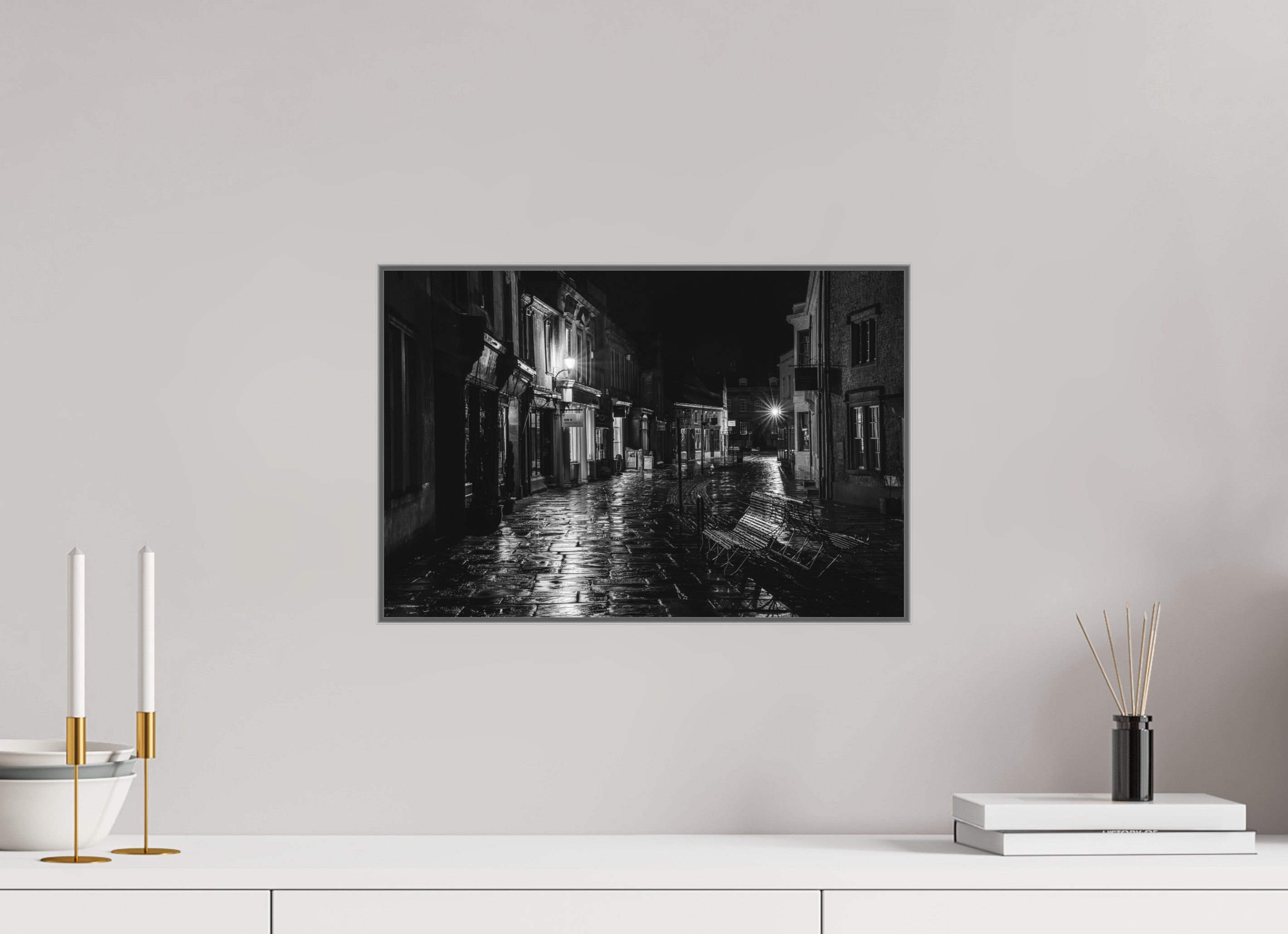 45 x 30 cm, Framed in Aluminium Art Box Printed on Ilford BW Photo Print under Acrylic Glass - w-out border High Street III, Corsham