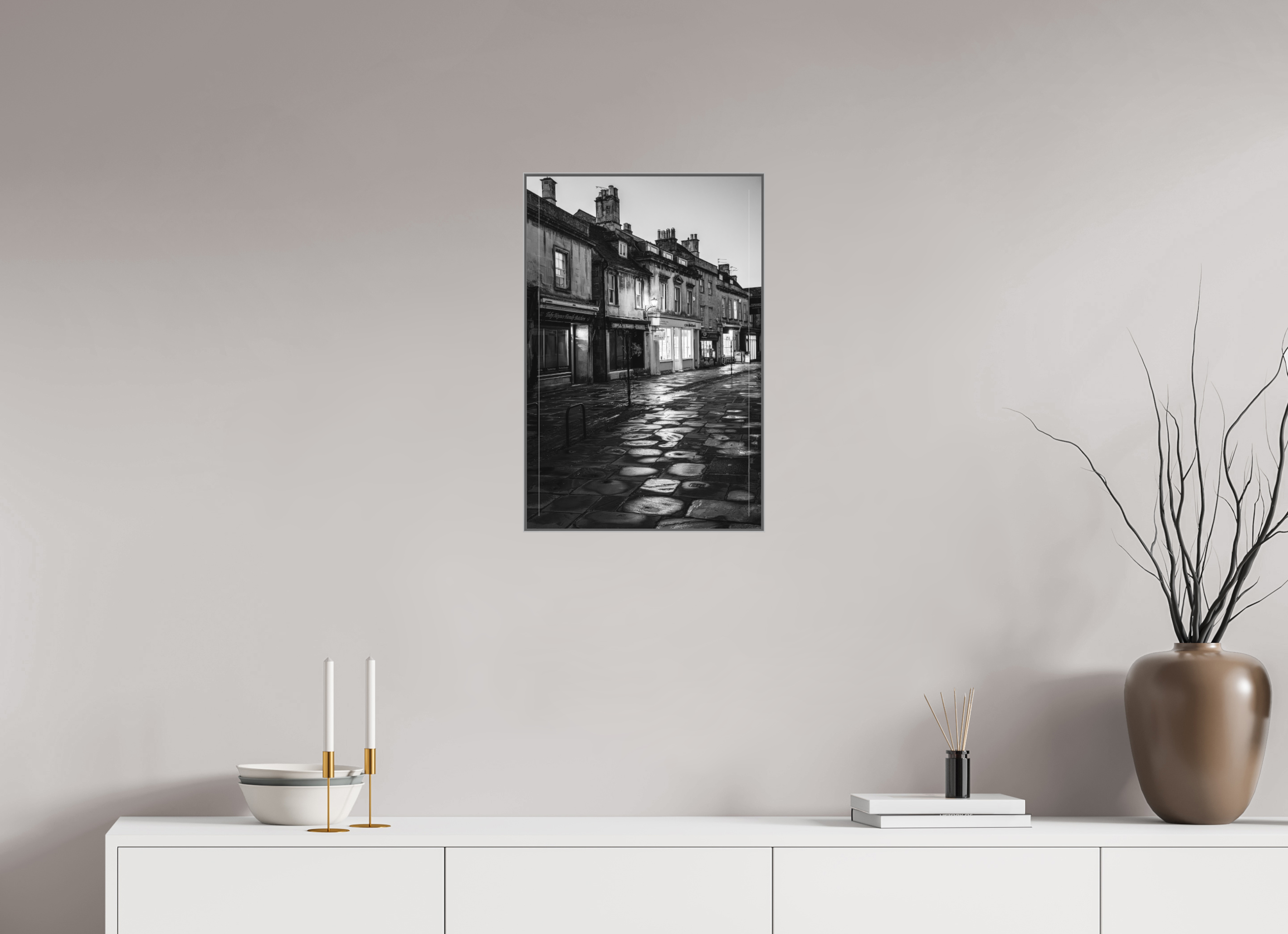 40 x 60 cm, Framed in Aluminium Art Box Printed on Ilford BW Photo Print under Acrylic Glass - w-out border Corsham High Street II