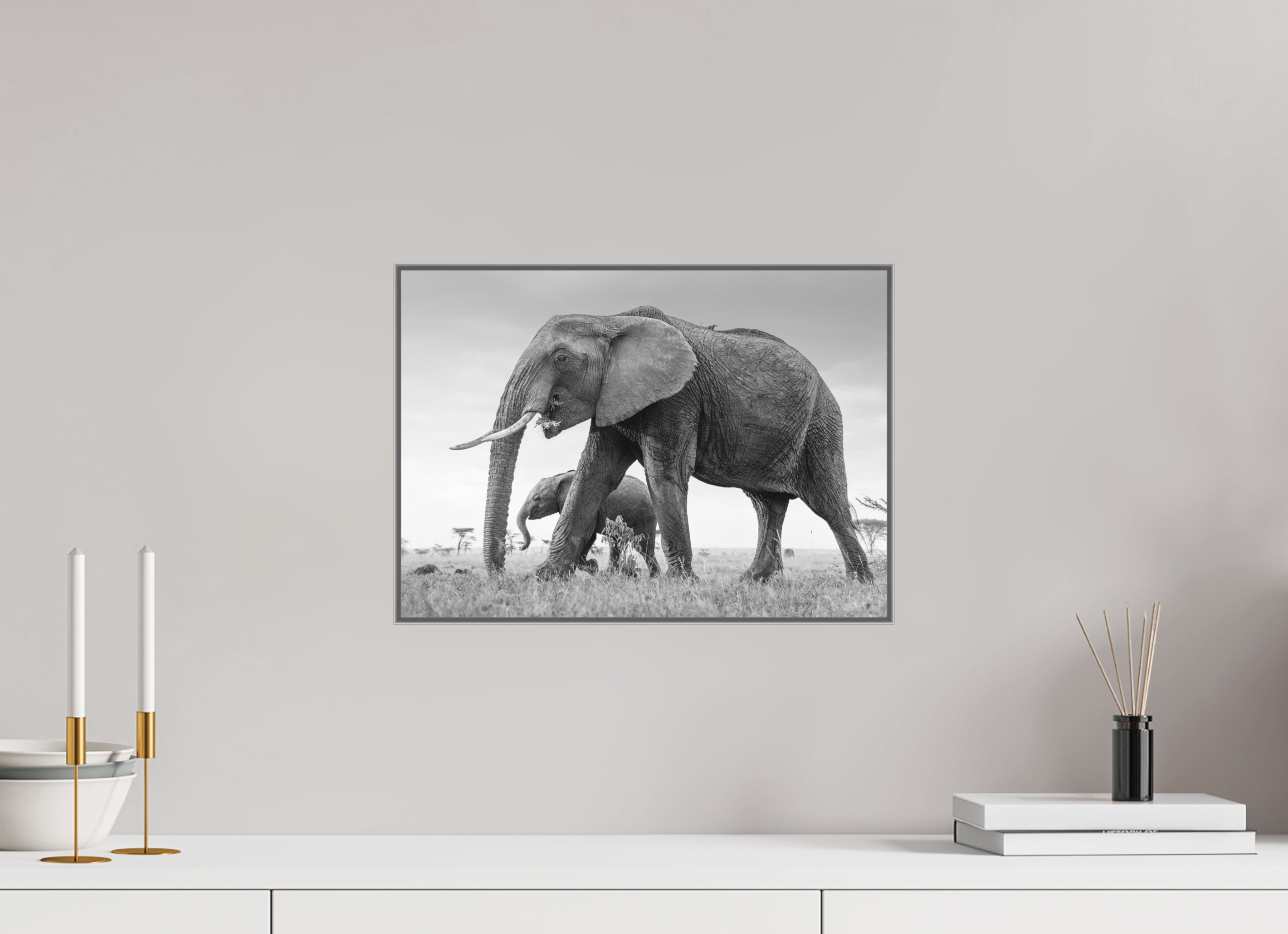 42 x 30 cm, Framed in Aluminium Art Box Printed on Ilford BW Photo Print under Acrylic Glass - w-out border Elephant and Baby III