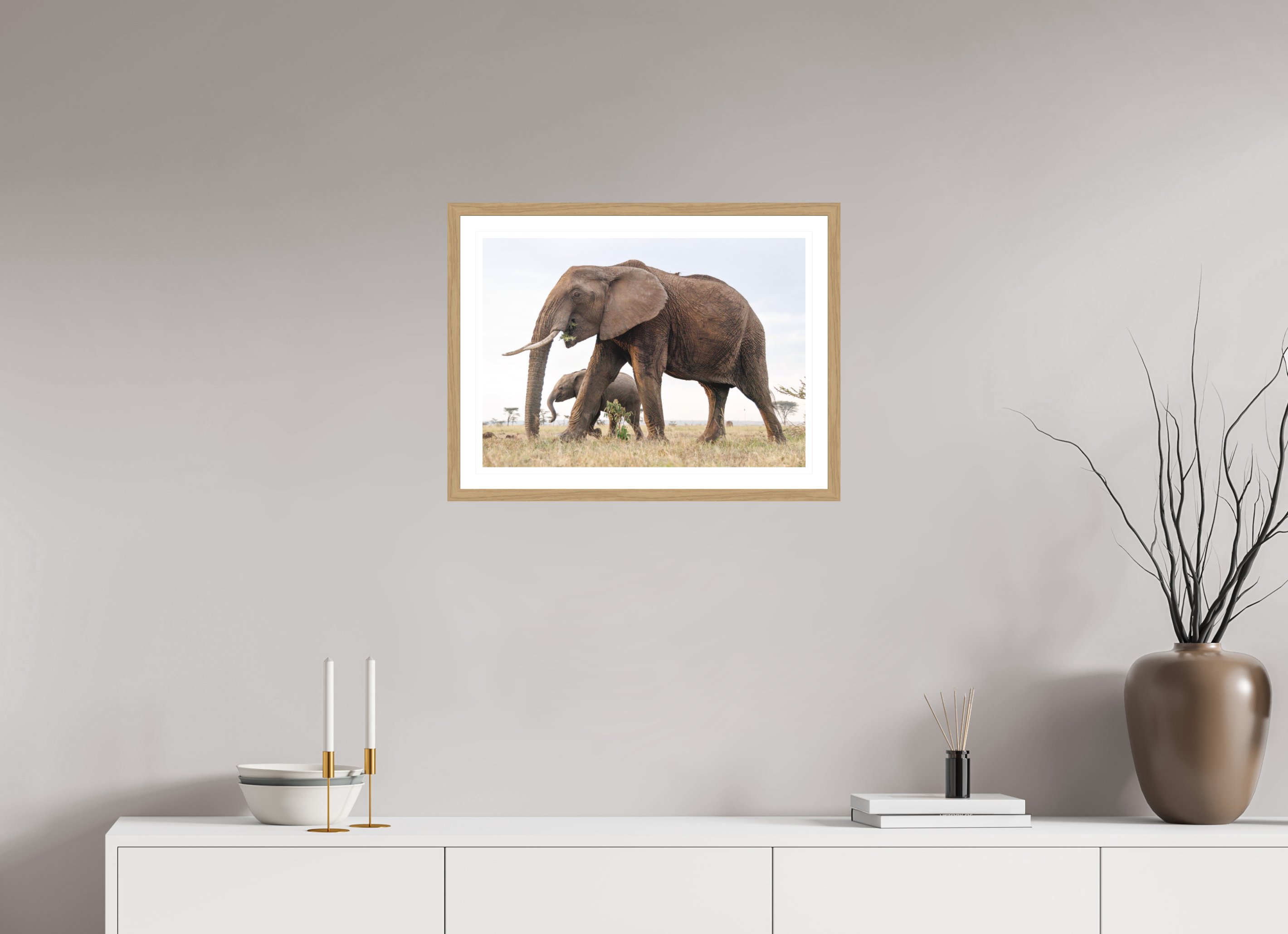 56 x 40 cm, Natural Oak colour frame Fine Art print on Hahnemühle paper with 3cm Passe-Partout w Museum glass Elephant and Baby