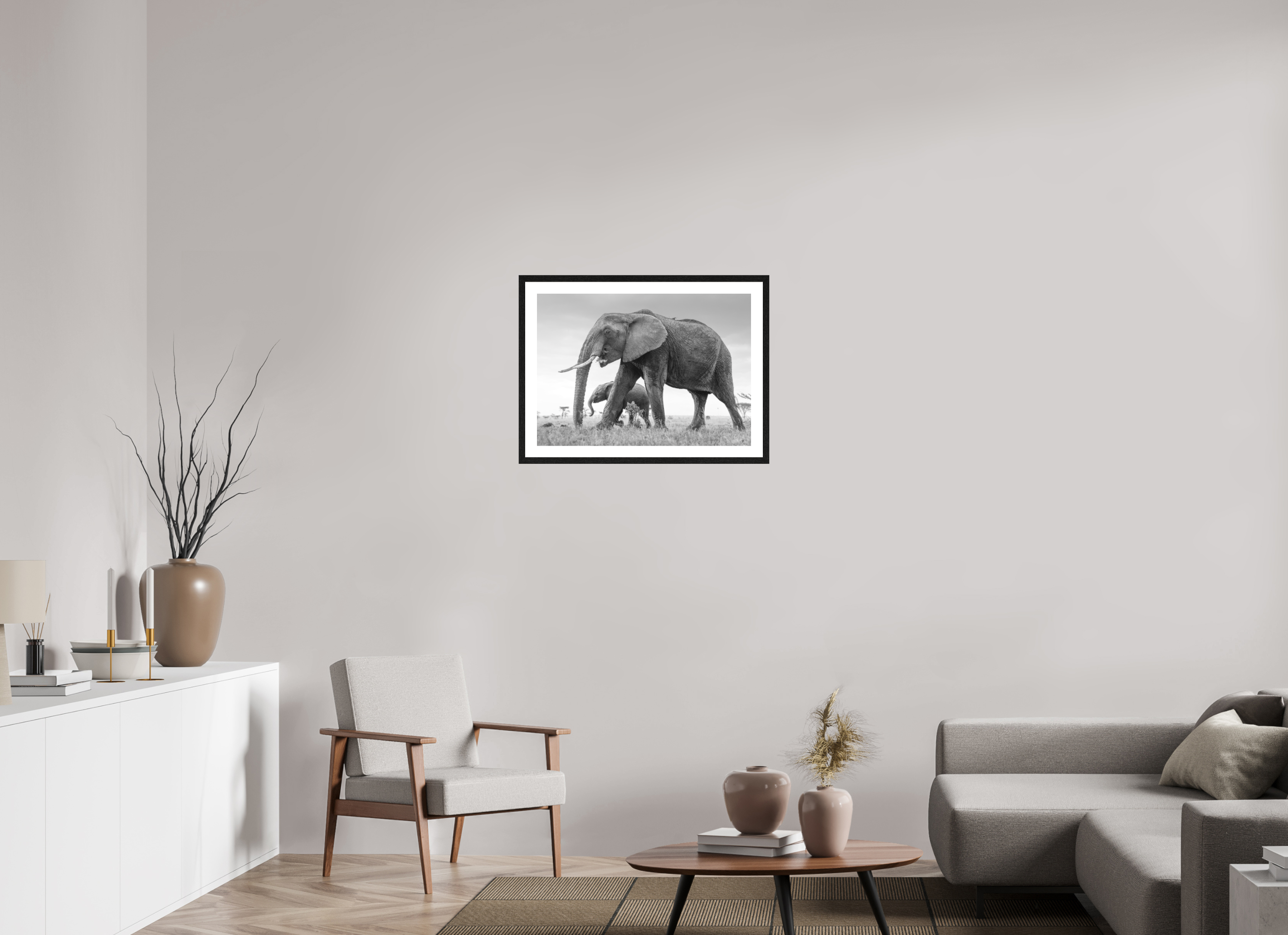 70 x 50 cm, Black oak colour frame Fine Art on 308g-m2 Hahnemühle rag paper - 3cm Passe-partout - Museum glass Elephant and Baby III