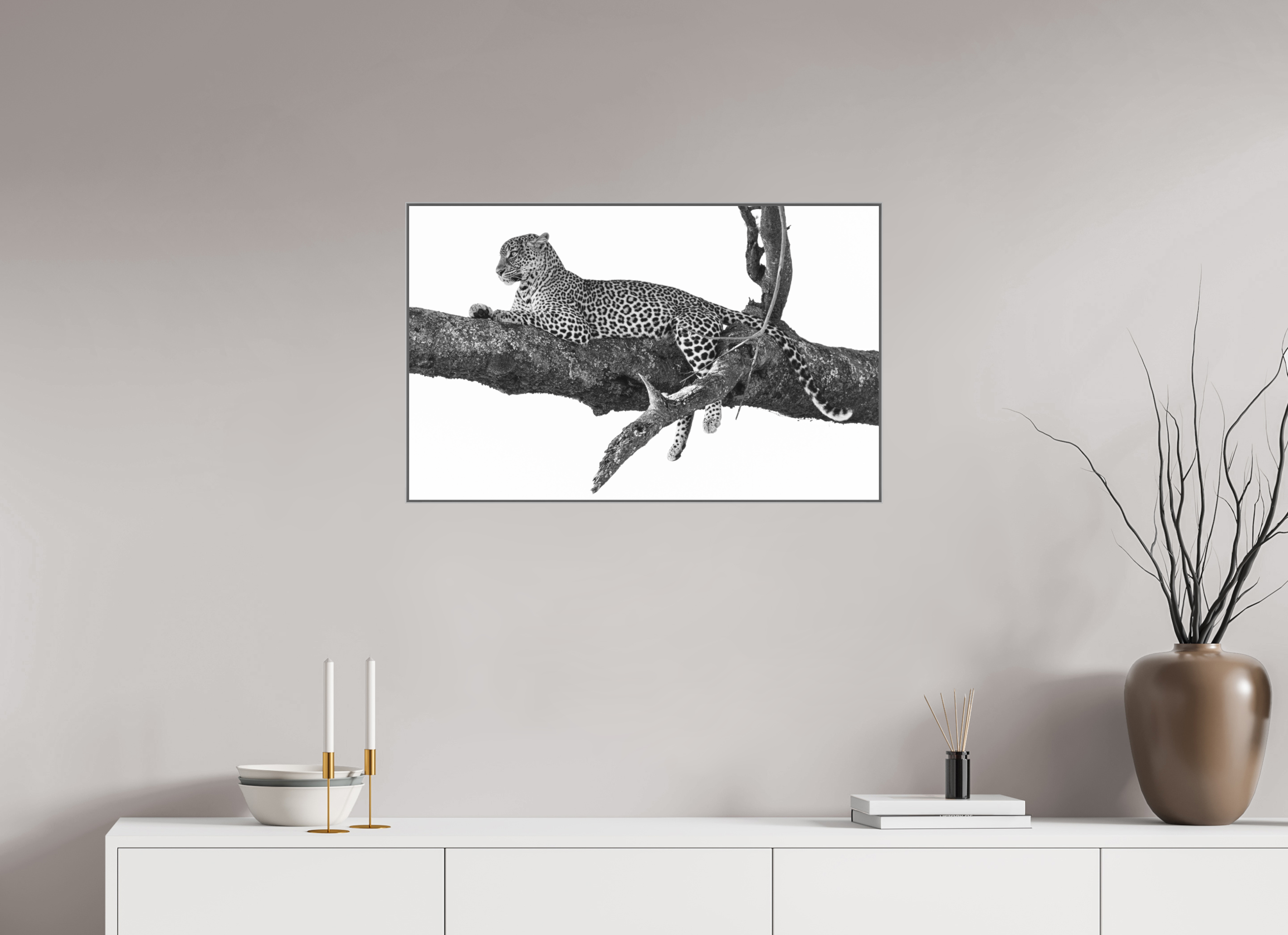 80 x 50 cm, Framed in Aluminium Art Box Printed on Ilford BW Photo Print under Acrylic Glass - w-out border Ndoto on branch II