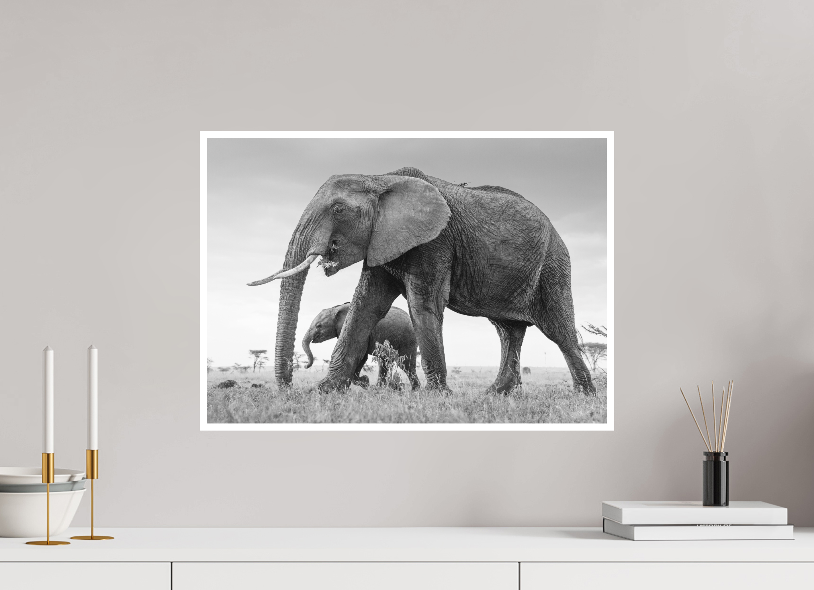 56 x 40 cm, Unframed Fine Art Giclée print on Hahnemühle Photo Rag paper with 1cm border Elephant and Baby III