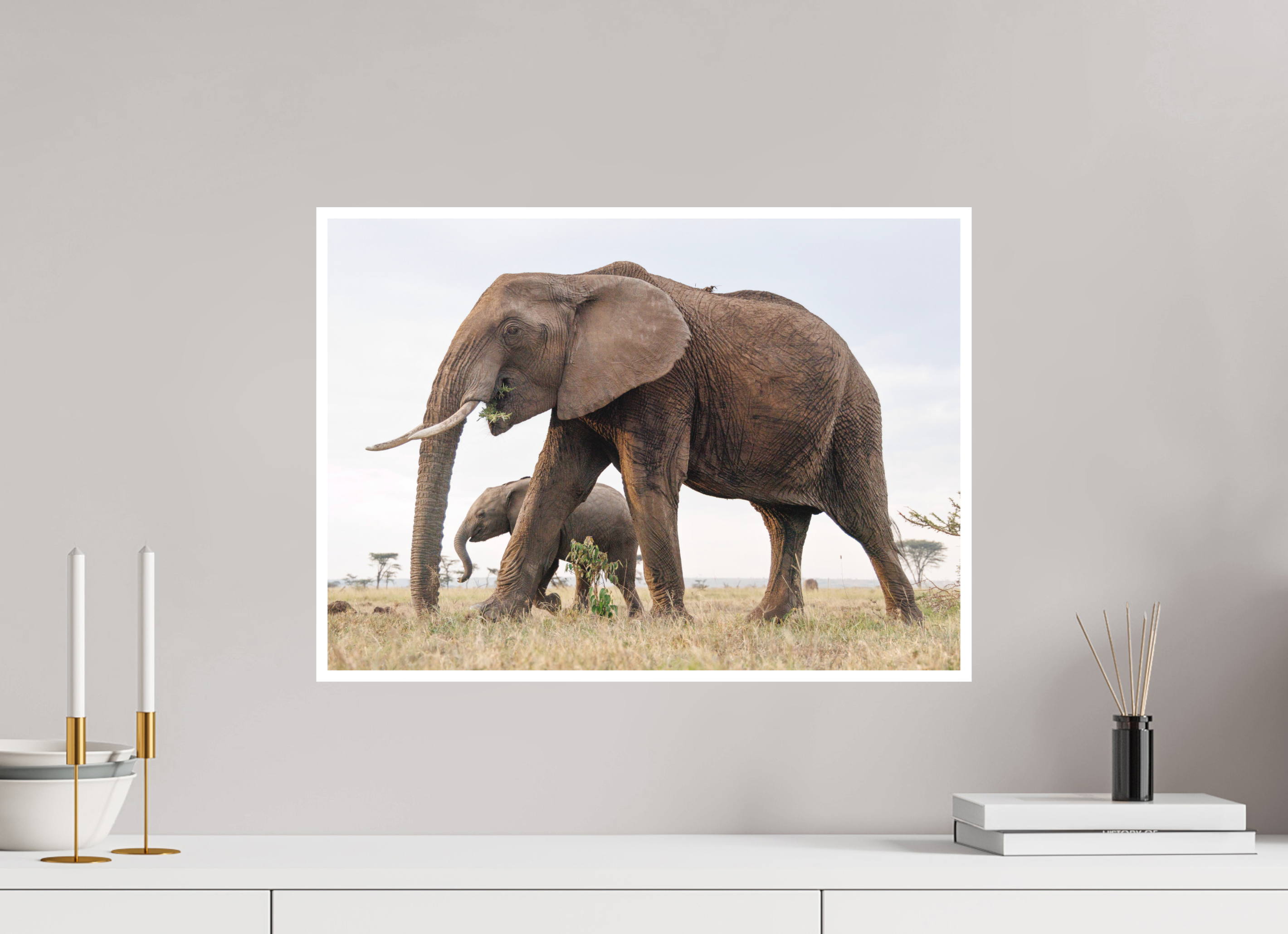 56 x 40 cm, Unframed Fine Art Giclée print on Hahnemühle Photo Rag paper with 1cm border Elephant and Baby